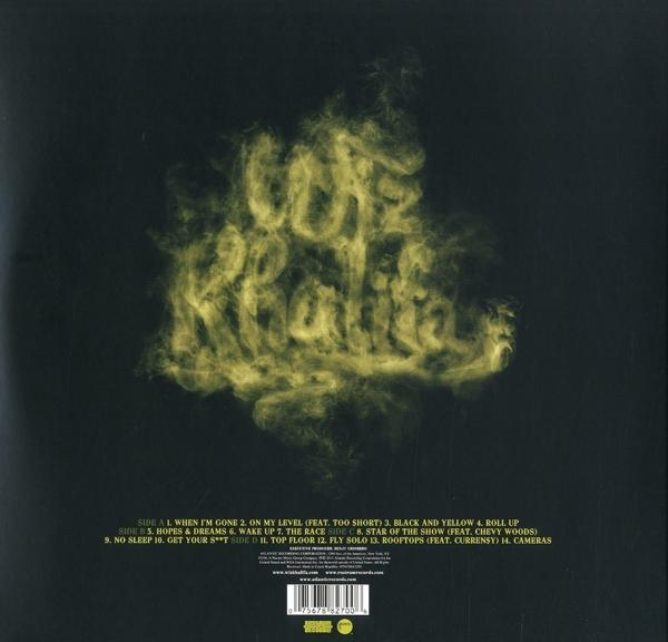 Albumcover mit gelbem Raucheffekt und Text. Schwarzer Hintergrund. Text enthält Songtitel.