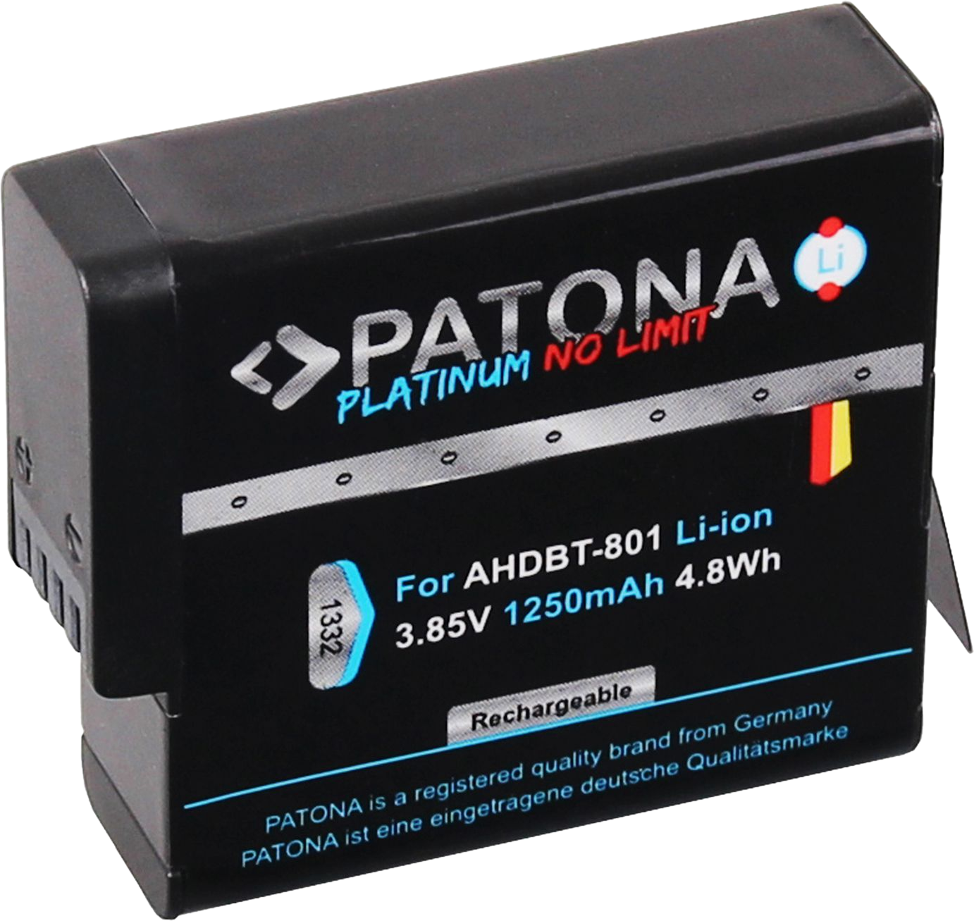 Schwarzer Akku: PATONA, Platinum No Limit, für AHDBT-801 Li-Ion, 3,85 V 1250 mAh.