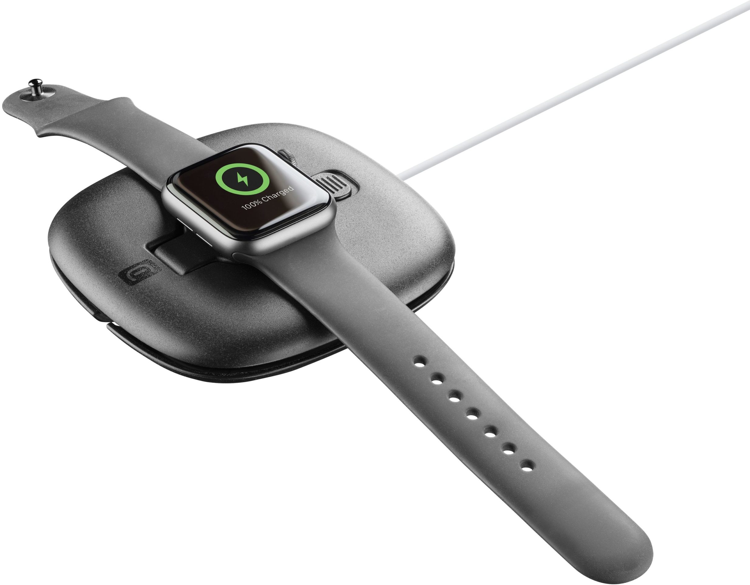 Eine schwarze Smartwatch, die auf einem grauen Ladepad geladen wird.