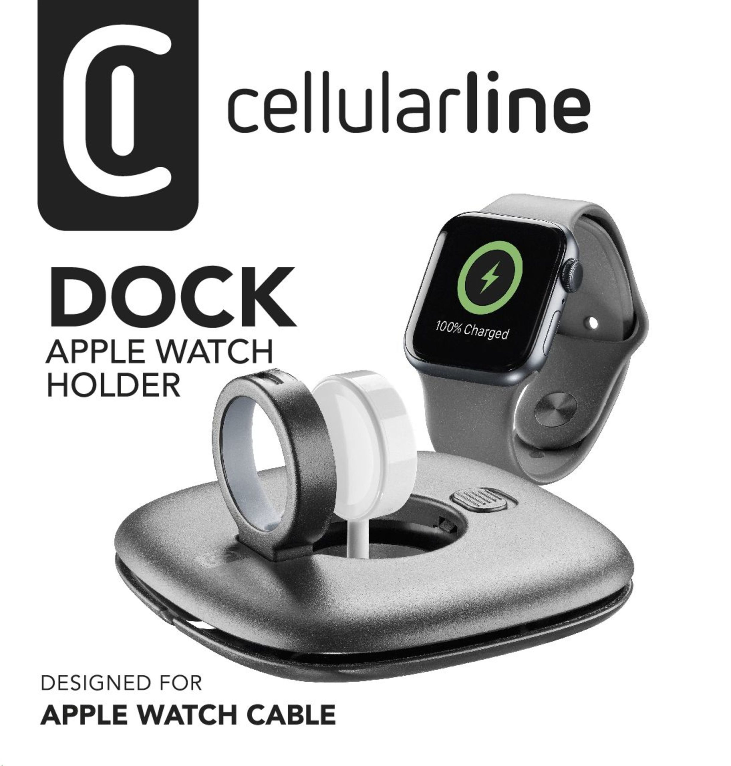Dock für Apple Watch. Schwarzes Design mit Uhr und Ladegerät.