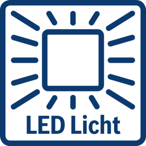 Blaues quadratisches Symbol mit einem LED-Lichtsymbol und dem Text 'LED Licht'.