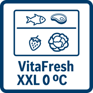 VitaFresh XXL 0°C Logo. Enthält Symbole für Fisch, Steak, Erdbeere und Kohl.