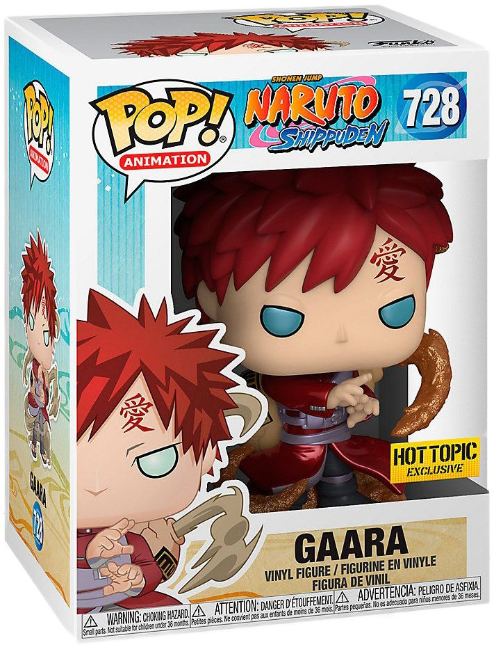 A Funko Pop figure of Gaara from Naruto Shippuden. He's in a box with the Hot Topic Exclusive sticker. The figure has red hair and a symbol on the forehead.