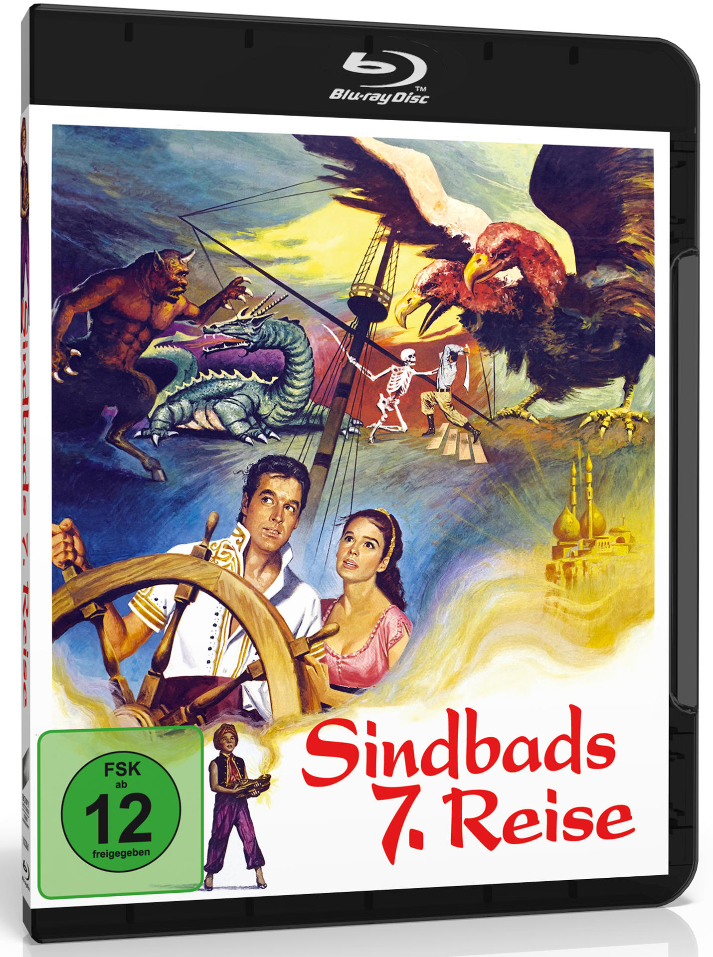 Filmcover von 'Sindbads 7. Reise'. Fantasy-Kunst zeigt ein Schiff, Monster und ein Paar am Steuer.