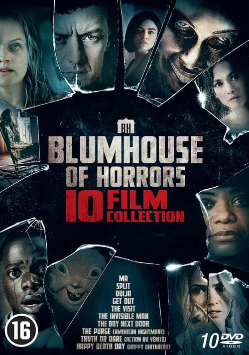 Blumhouse of Horrors 10 filmcollectie DVD-hoes. Toont gezichten en titels van horrorfilms.