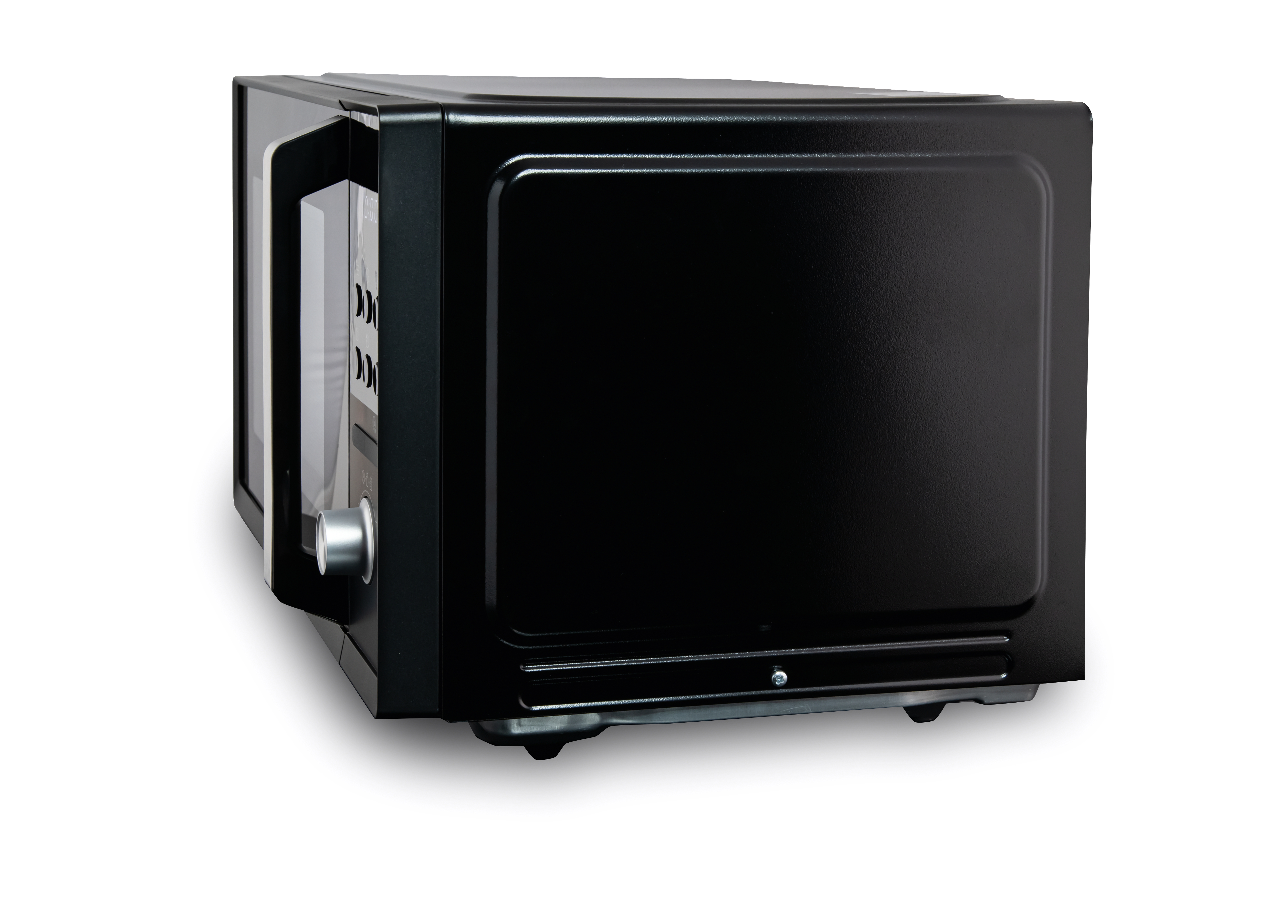 Schwarzer Mikrowellenherd, Seitenansicht, auf weißem Hintergrund, mit Glastür.