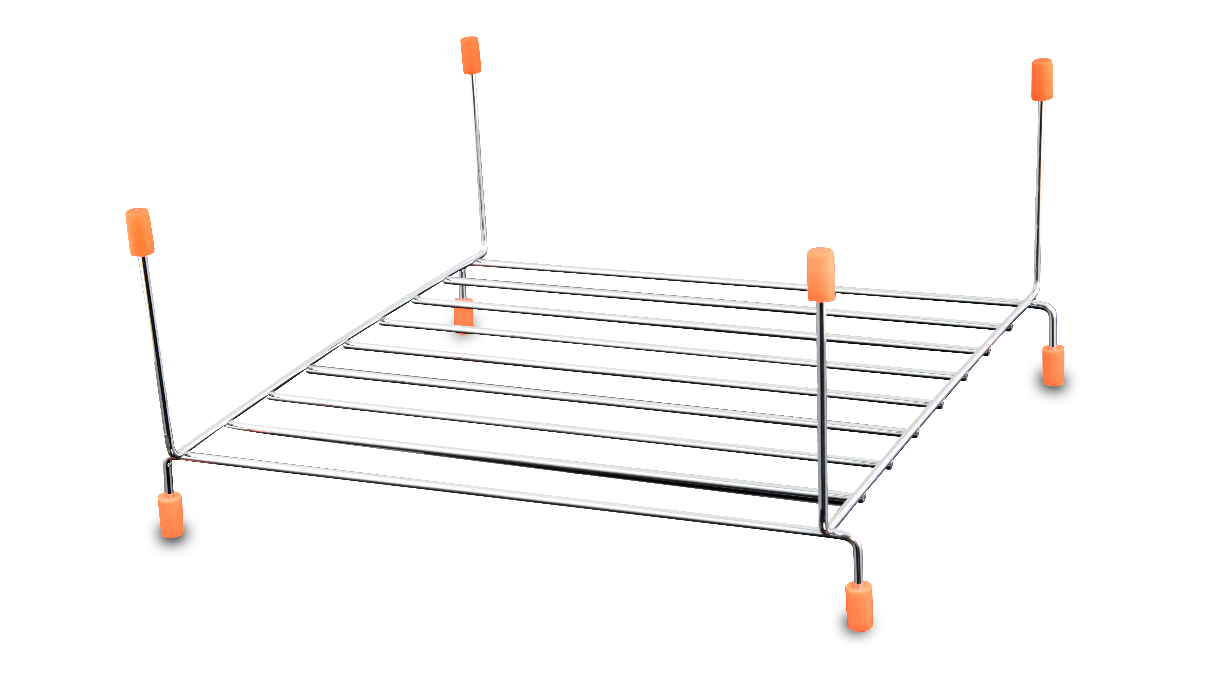 Ein Metallgestell mit orangefarbenen Gummifüßen, isoliert auf weißem Hintergrund.