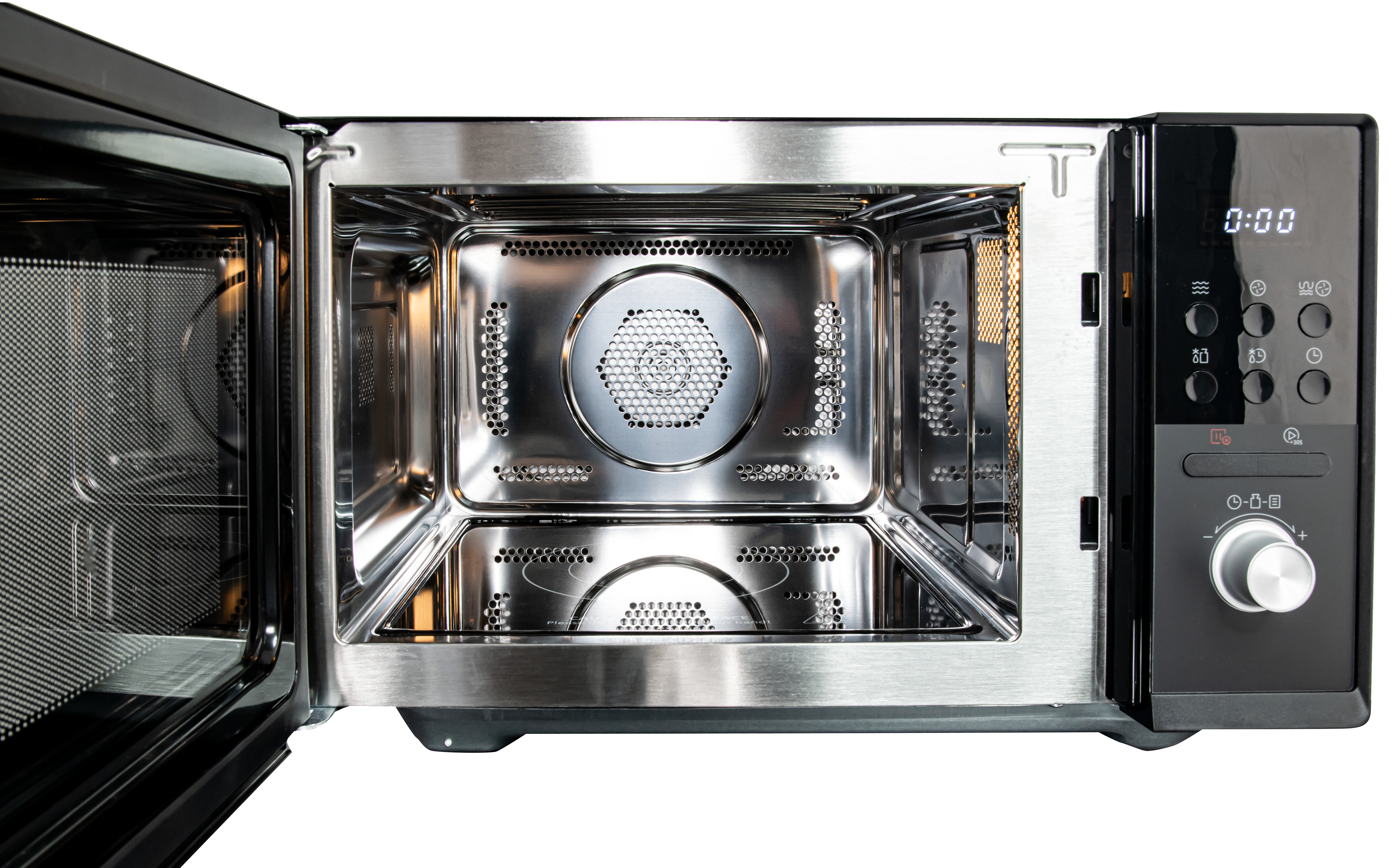Offener Mikrowelleninnenraum mit eingeschaltetem Innenlicht. Schwarzer Rahmen, Edelstahl-Innenraum und Bedienfeld.