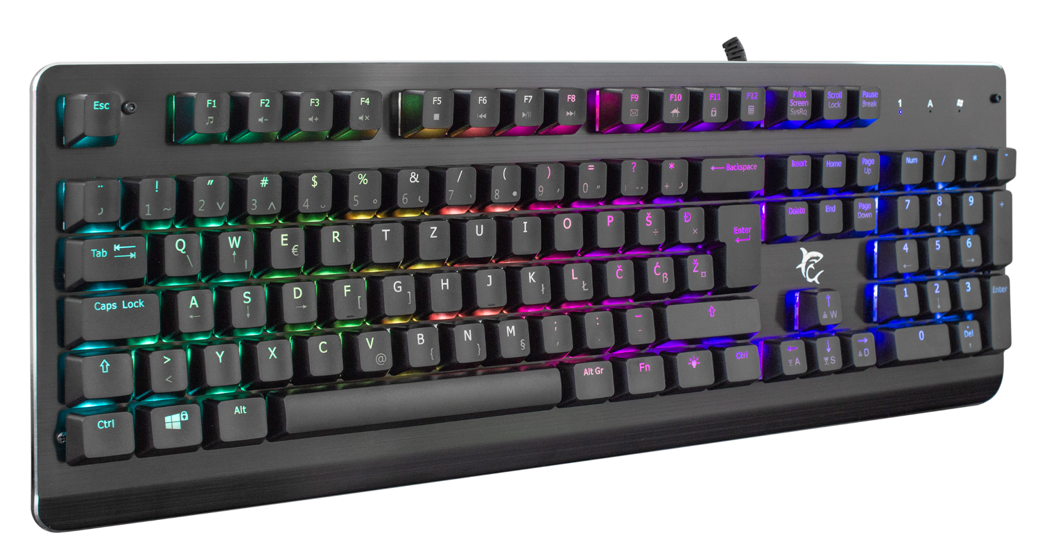 Fekete gamer billentyűzet RGB világítással, különböző gombokkal, sötét háttérrel.