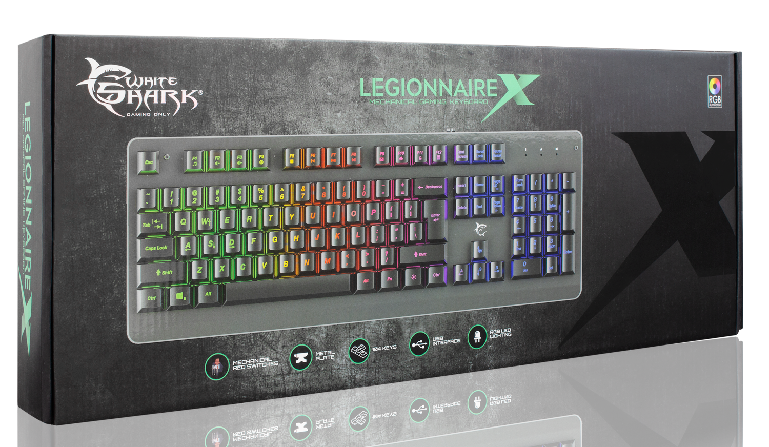 Egy fekete billentyűzet doboz, a 'Legionaire X' felirattal és egy szivárvány billentyűzettel.