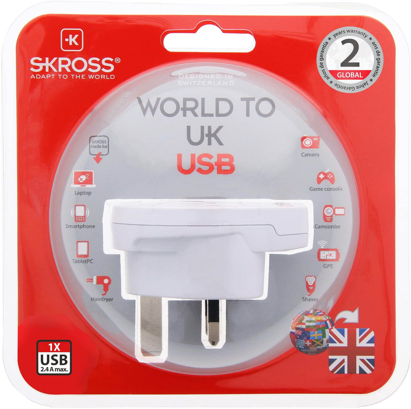 Adattatore da viaggio bianco per il Regno Unito. Include porte USB e icone per vari dispositivi elettronici.