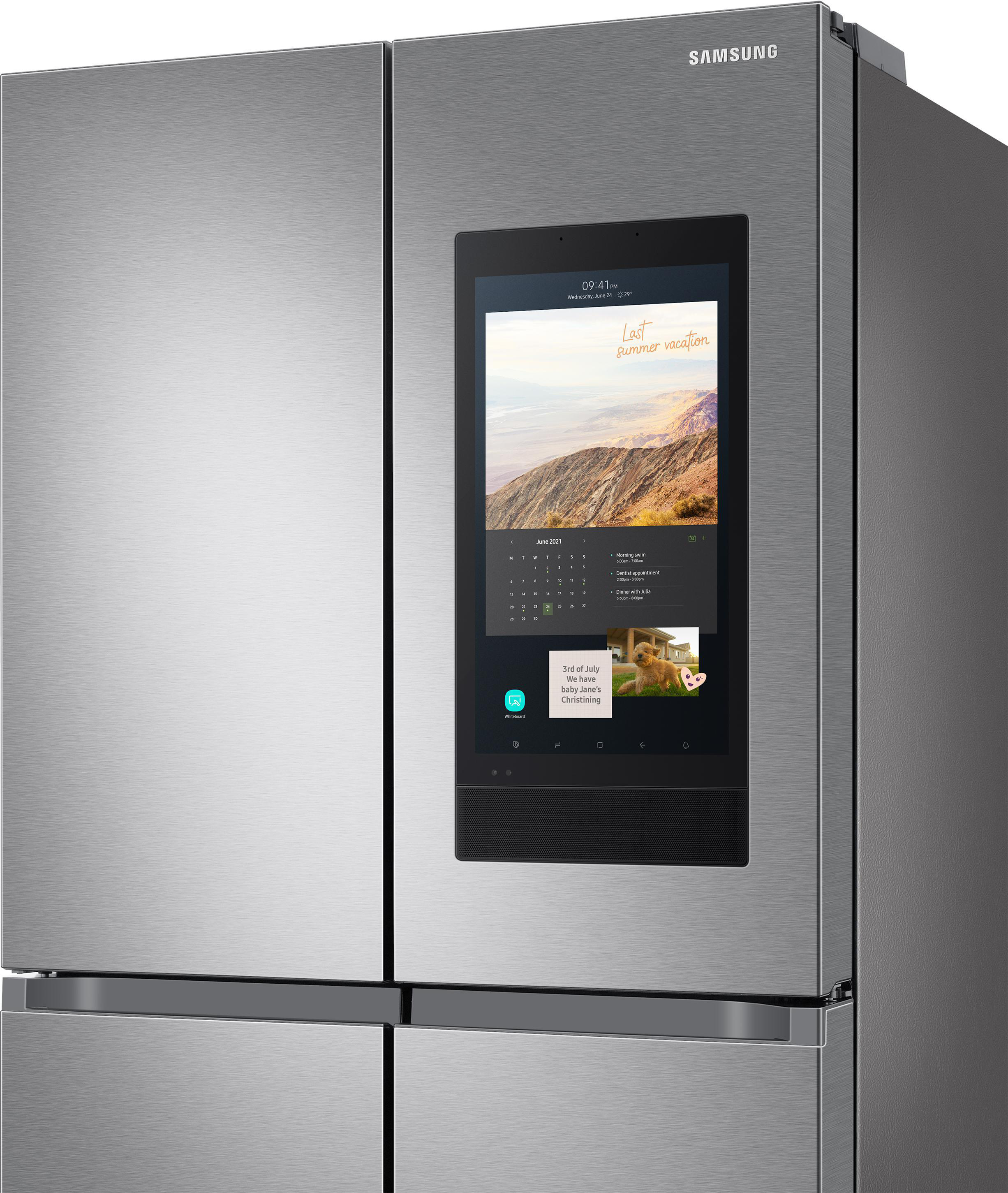Ein Samsung-Kühlschrank mit Touchscreen-Display, das einen Kalender zeigt.