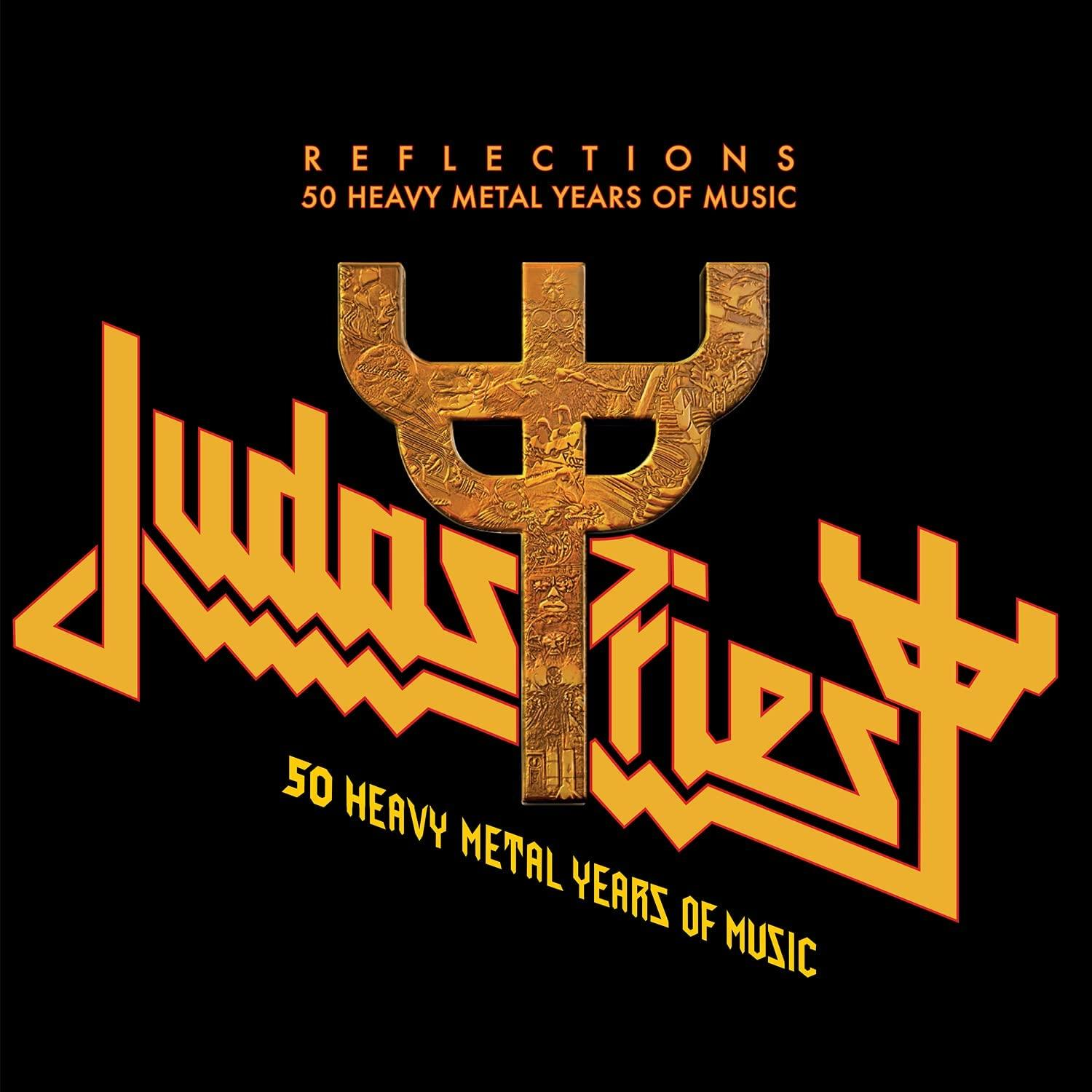 Album borító: Judas Priest - Reflections, 50 Heavy Metal Years. Arany logó fekete háttérrel, kereszttel.