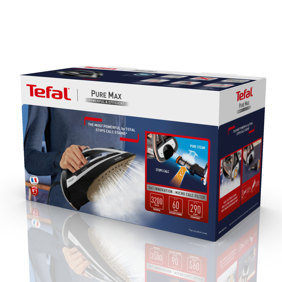 Tefal Pure Max ütü kutusu. Bir kadın bir ütü tutuyor. Arka plan beyaz ve gridir.