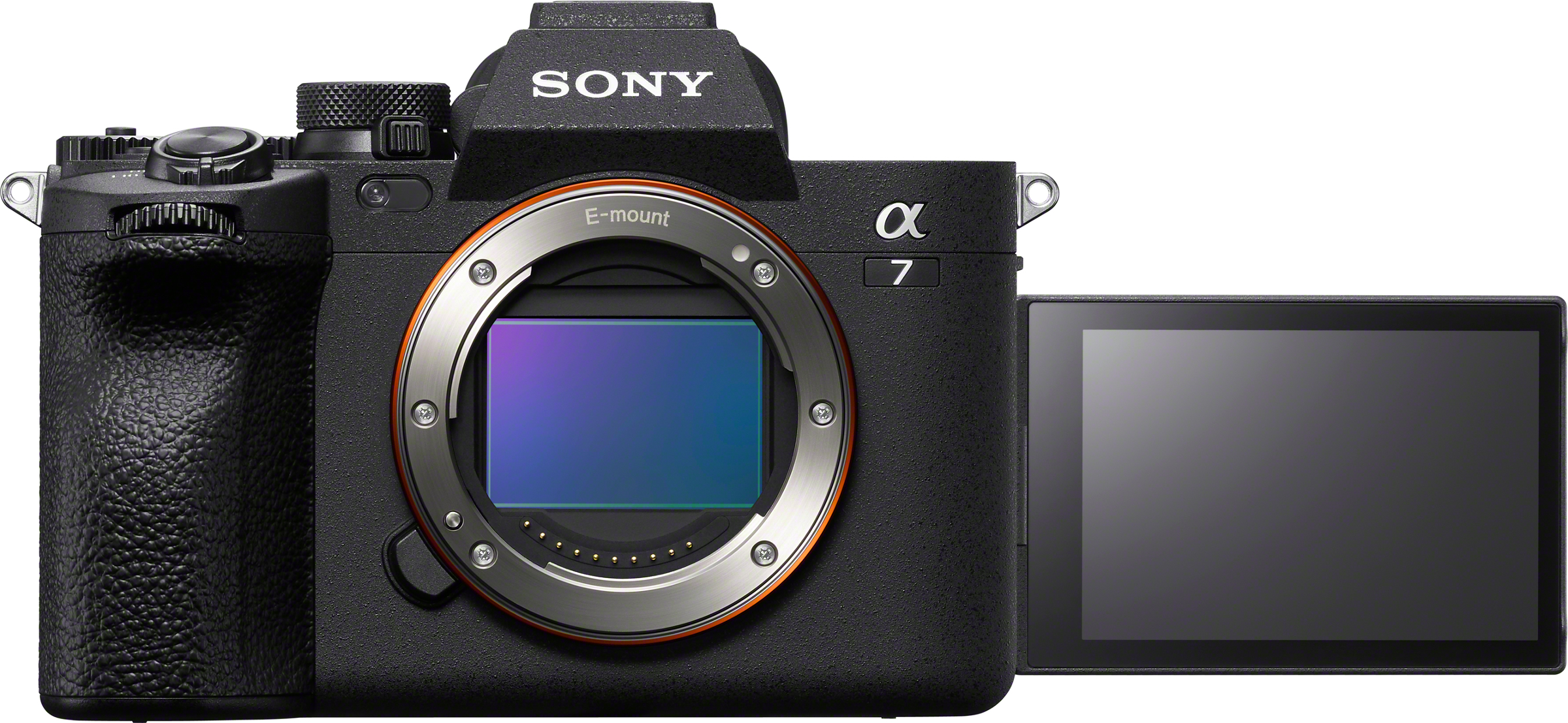 Fotocamera Sony Alpha 7 nera con schermo aperto. L'obiettivo è visibile al centro.