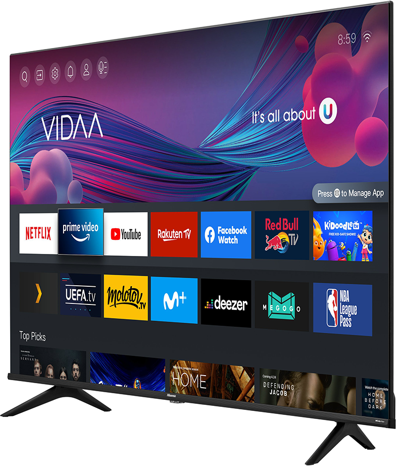 Nagy fekete TV alkalmazásokkal a képernyőn. Széles képernyő, elegáns design, fekete állvány.