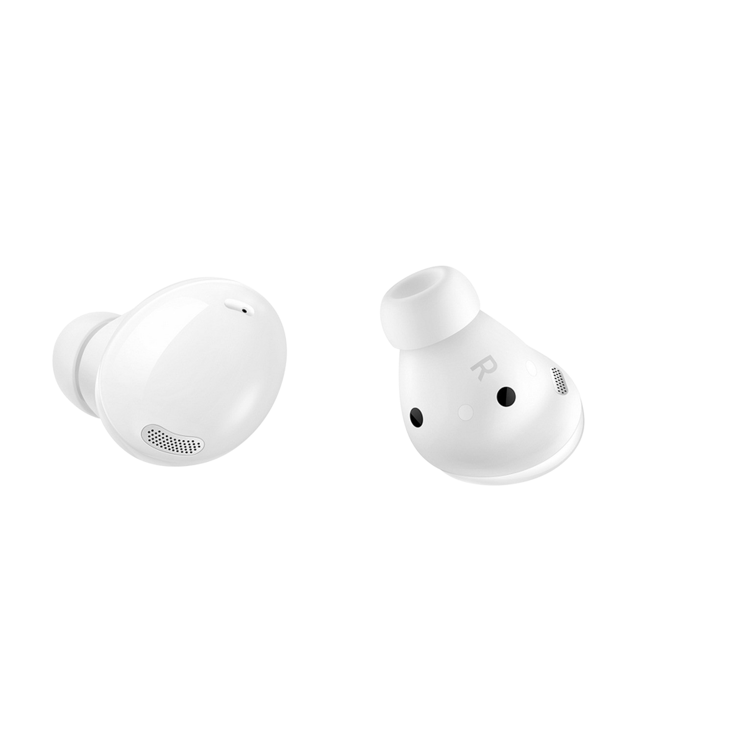Dos auriculares blancos, primer plano. Uno con 'R' marcado y el otro sin.