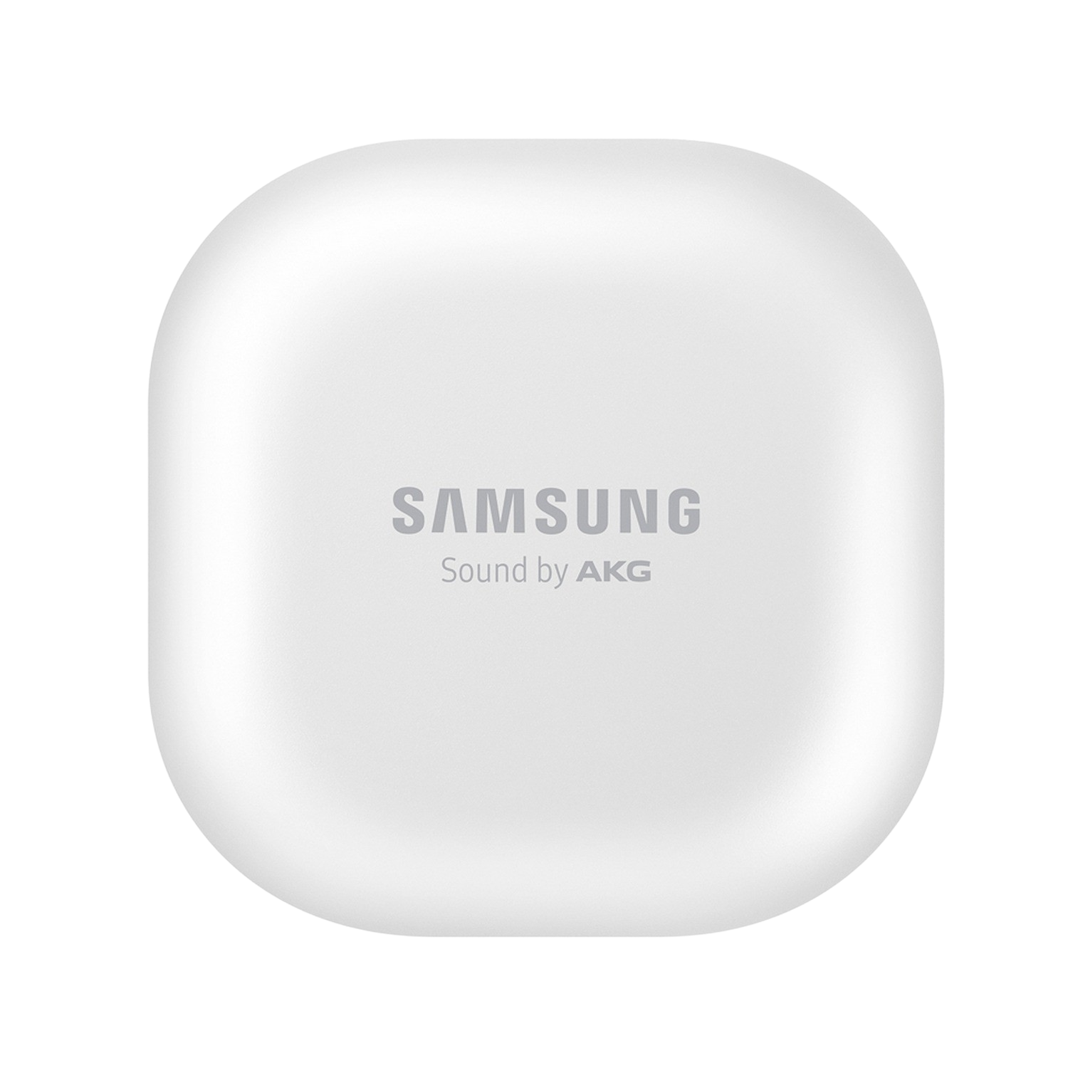 Estuche blanco y redondeado de auriculares Samsung con el logo de Samsung.