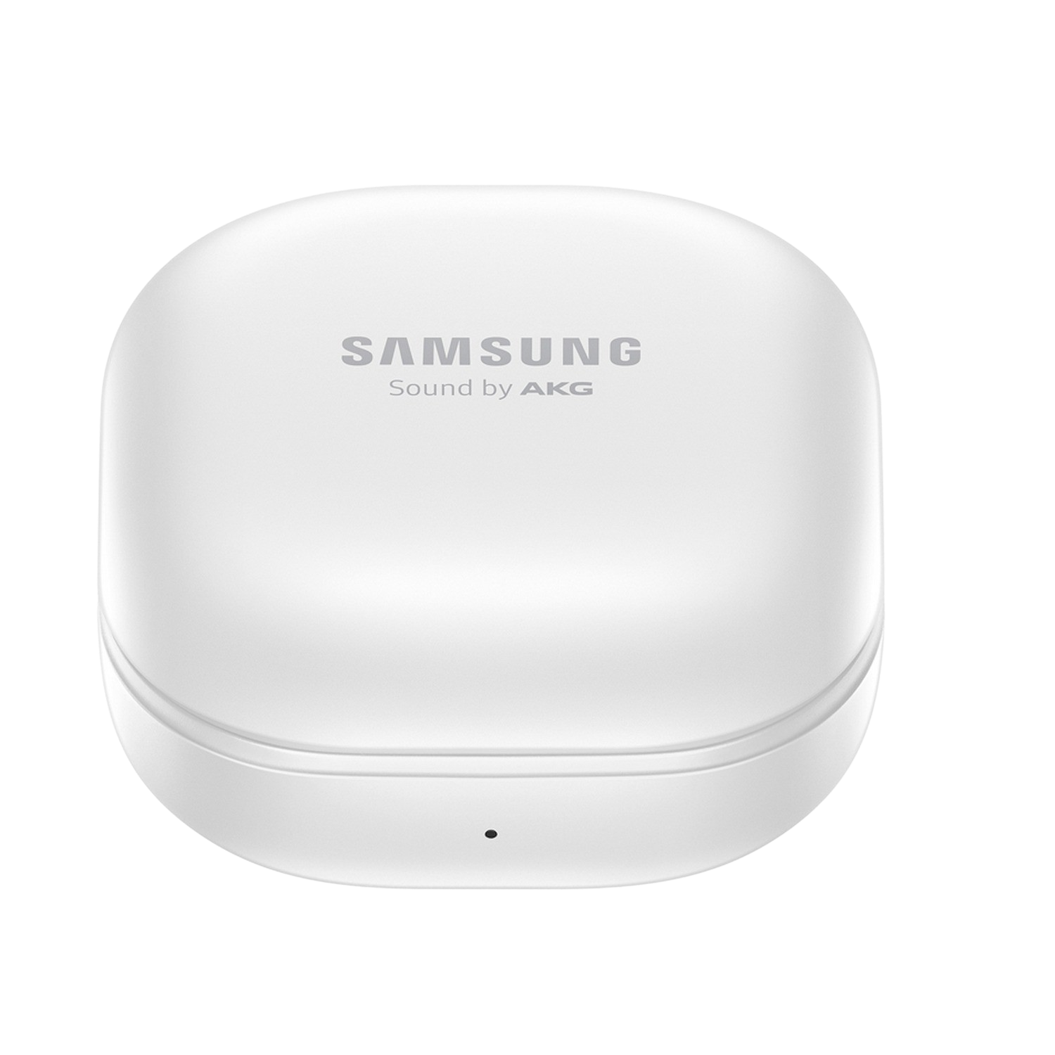 Estuche blanco Samsung Galaxy Buds. Logotipos de Samsung y AKG. Fondo negro.
