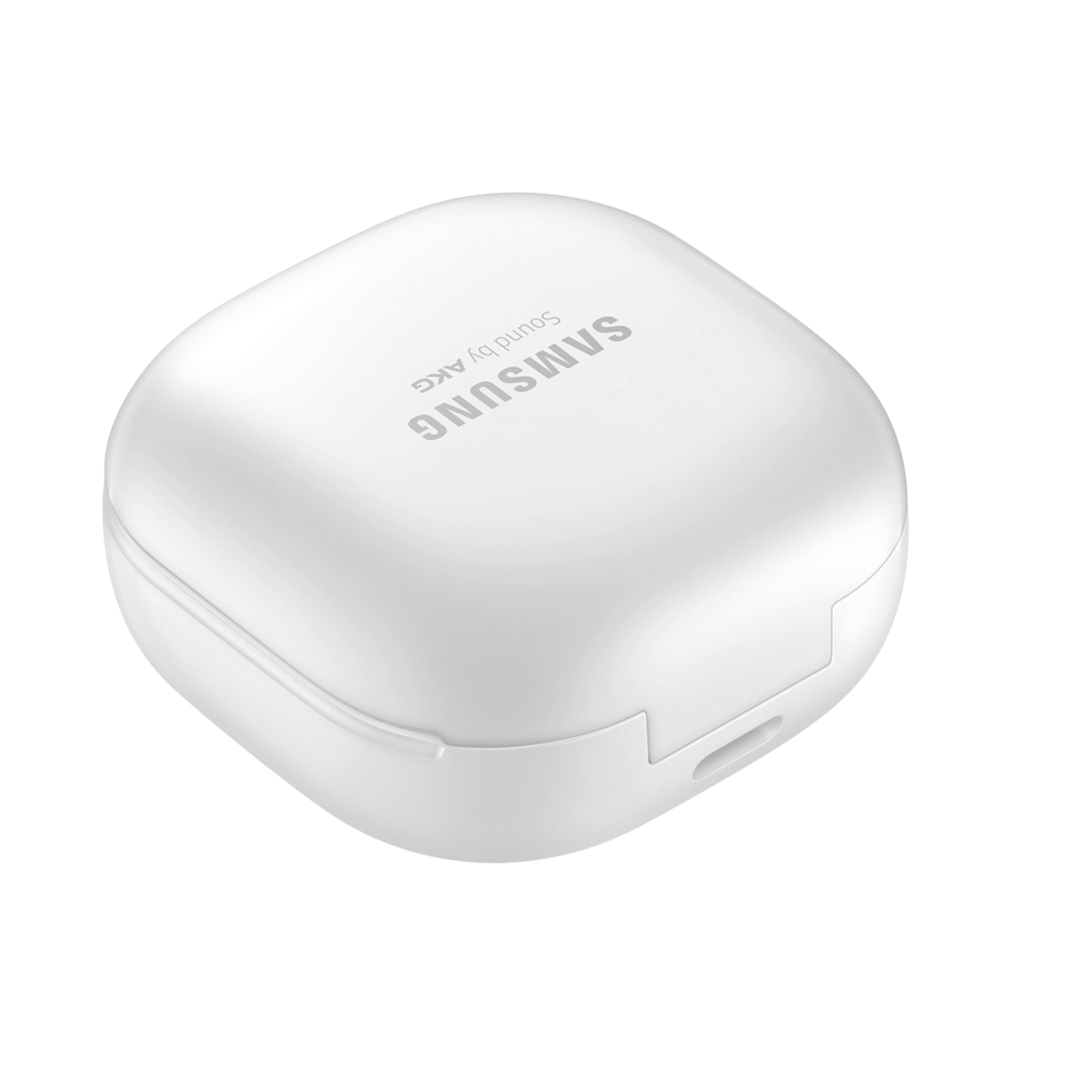 Estuche de carga blanco para auriculares Samsung, cerrado. Forma cuadrada redondeada, textura suave, fondo negro.