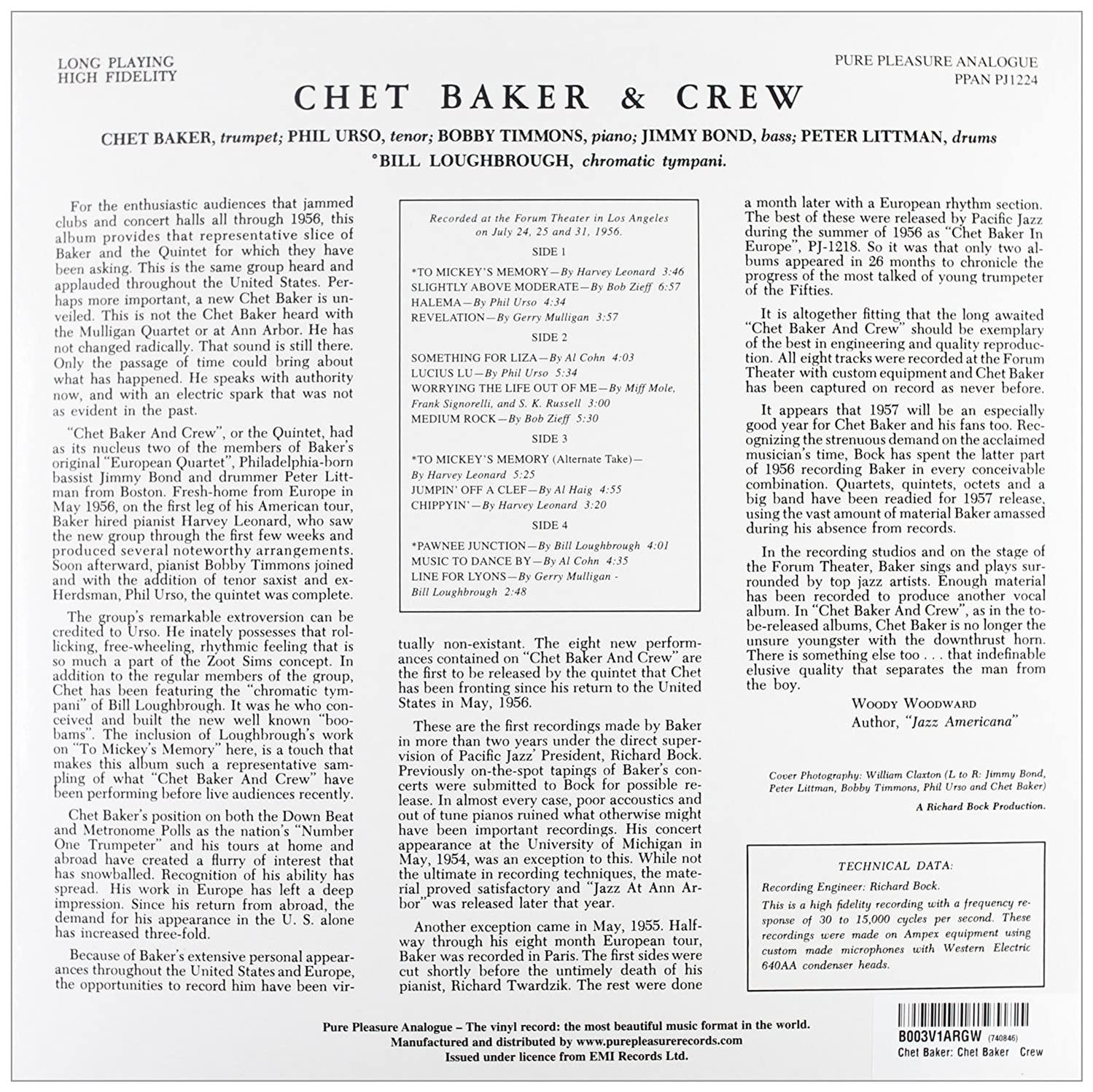 A Chet Baker & Crew album borítója. Szöveg és kreditek fehér háttéren.