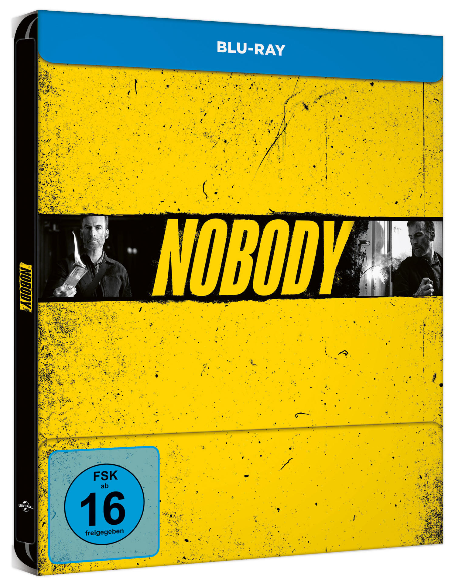 Blu-ray-Cover des Films "Nobody" mit gelbem Hintergrund und einer Person darauf.
