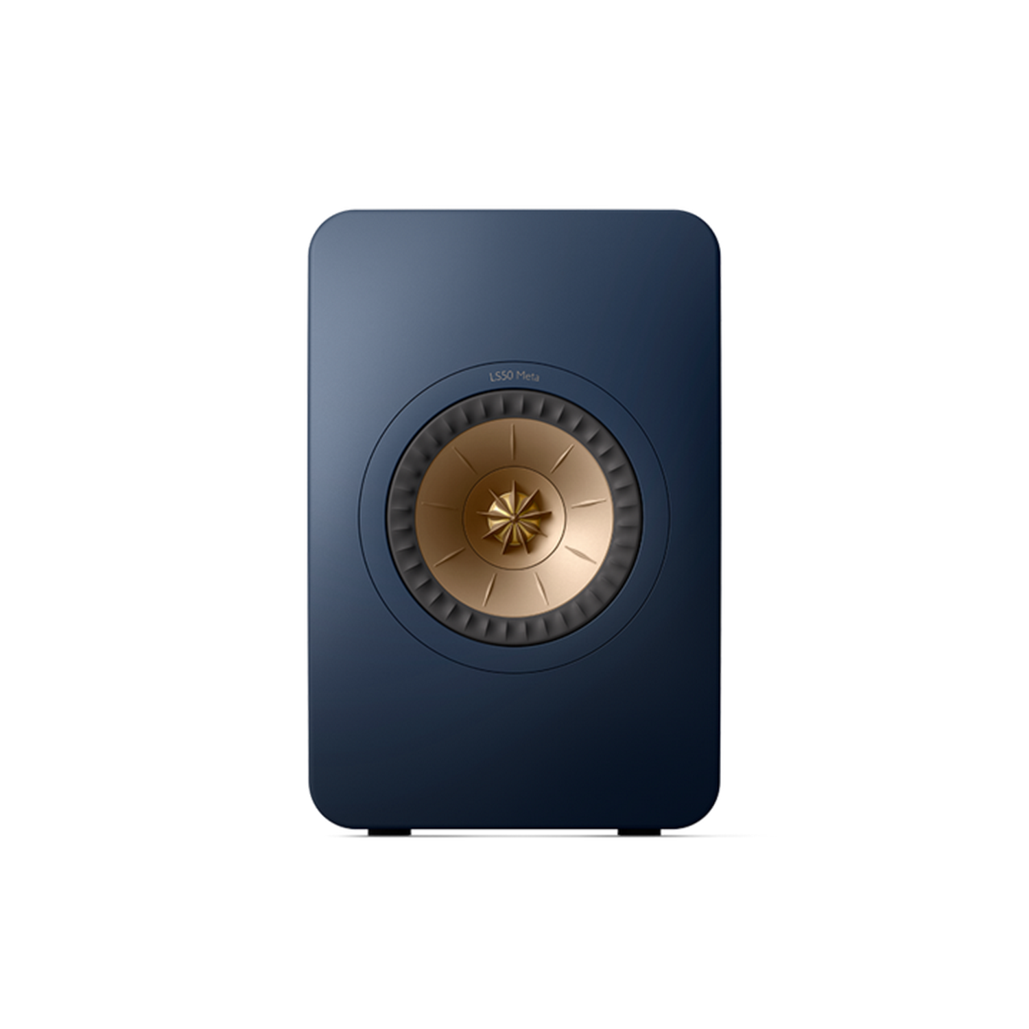 Altavoz KEF LS50 Meta, azul marino con centro dorado, sobre fondo negro.
