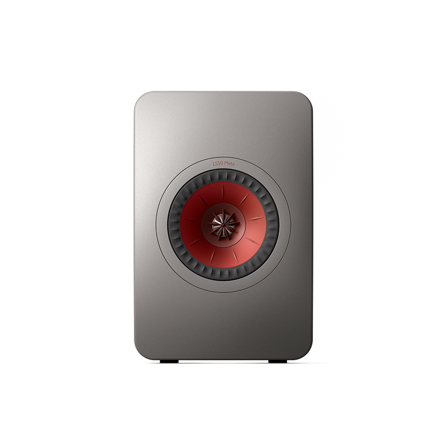 Altavoz gris con centro rojo, sobre fondo negro con brillos blancos.