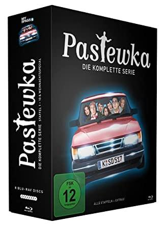 DVD-Box-Set für die deutsche TV-Show Pastewka. Es hat ein rotes Auto auf der Vorderseite und den Namen der Show in Weiß.