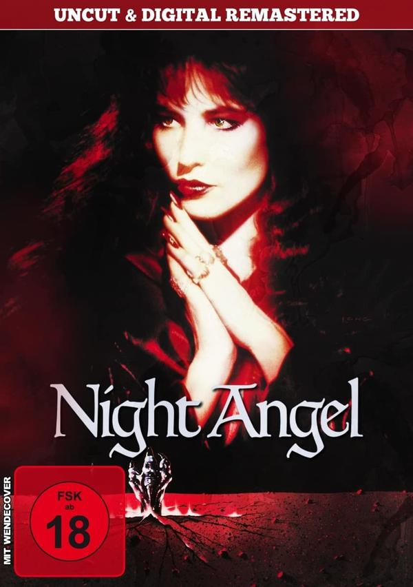 Filmcover einer Frau mit roten Lippen und dunklem Hintergrund mit dem Wortlaut 'Night Angel'.