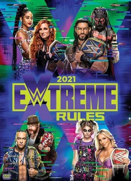 WWE Extreme Rules 2021 DVD-Cover mit Wrestlern und dem Titel der Veranstaltung.