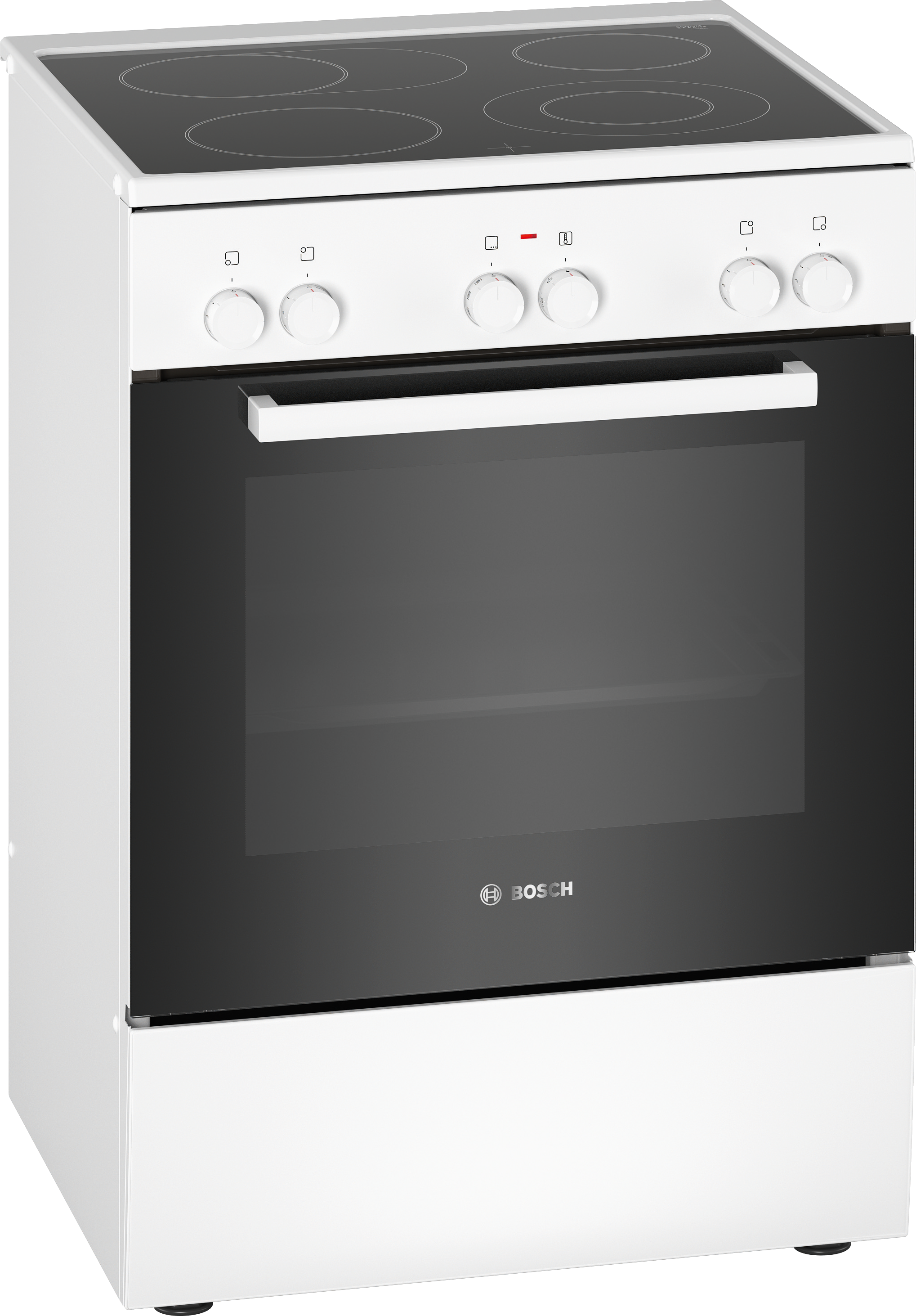 Ein weißer Elektroherd mit schwarzer Glastür und vier Kochfeldern. Der Ofen ist sauber.
