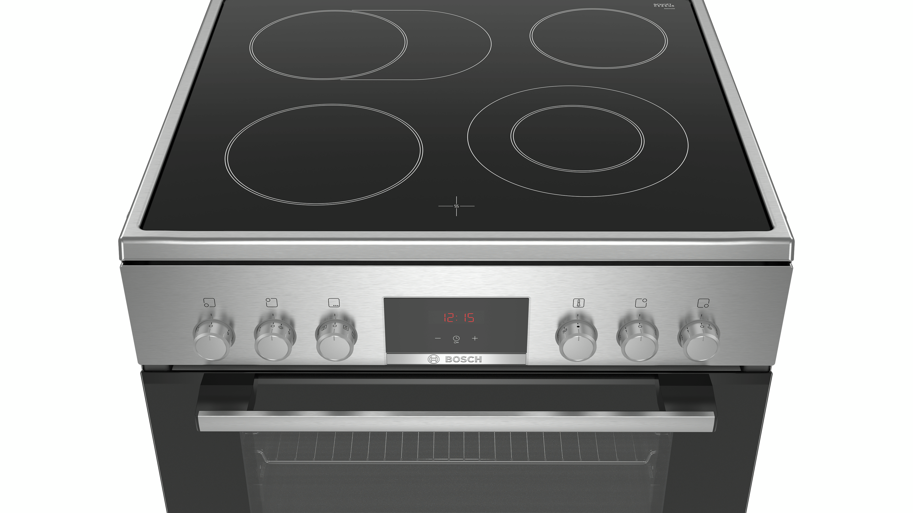 Ein Edelstahl-Backofen mit schwarzem Kochfeld, der einen Timer und Bedienknöpfe anzeigt.