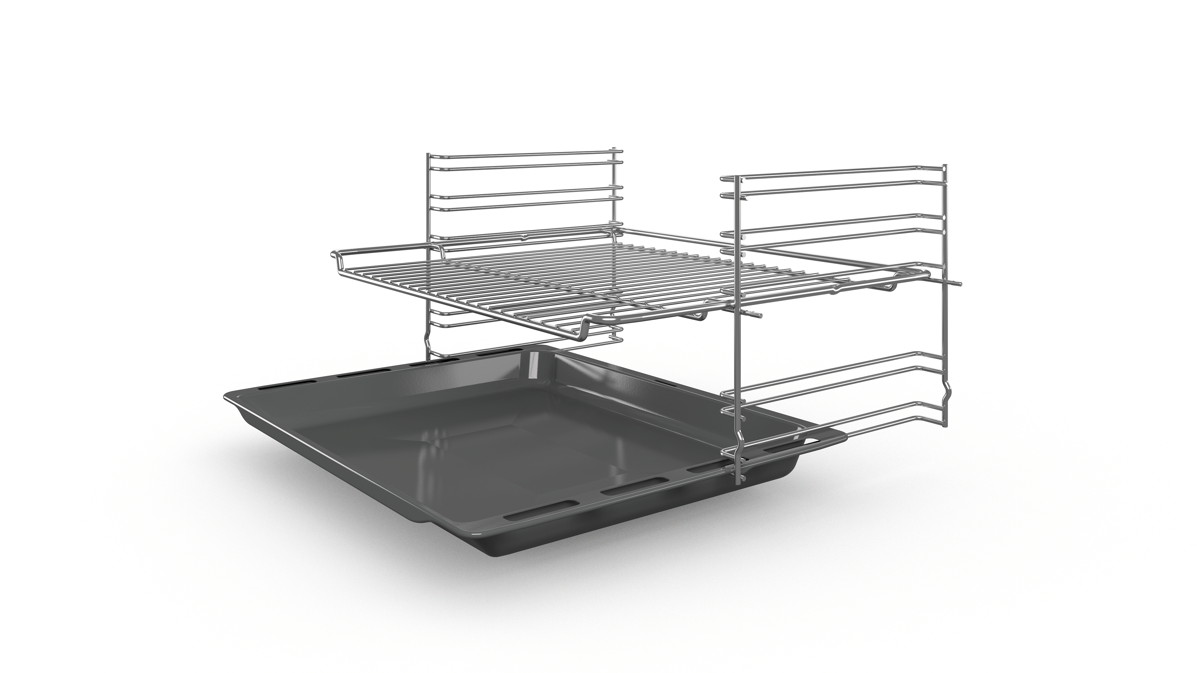 Metall-Backofenrost und -Tablett auf weißem Hintergrund.