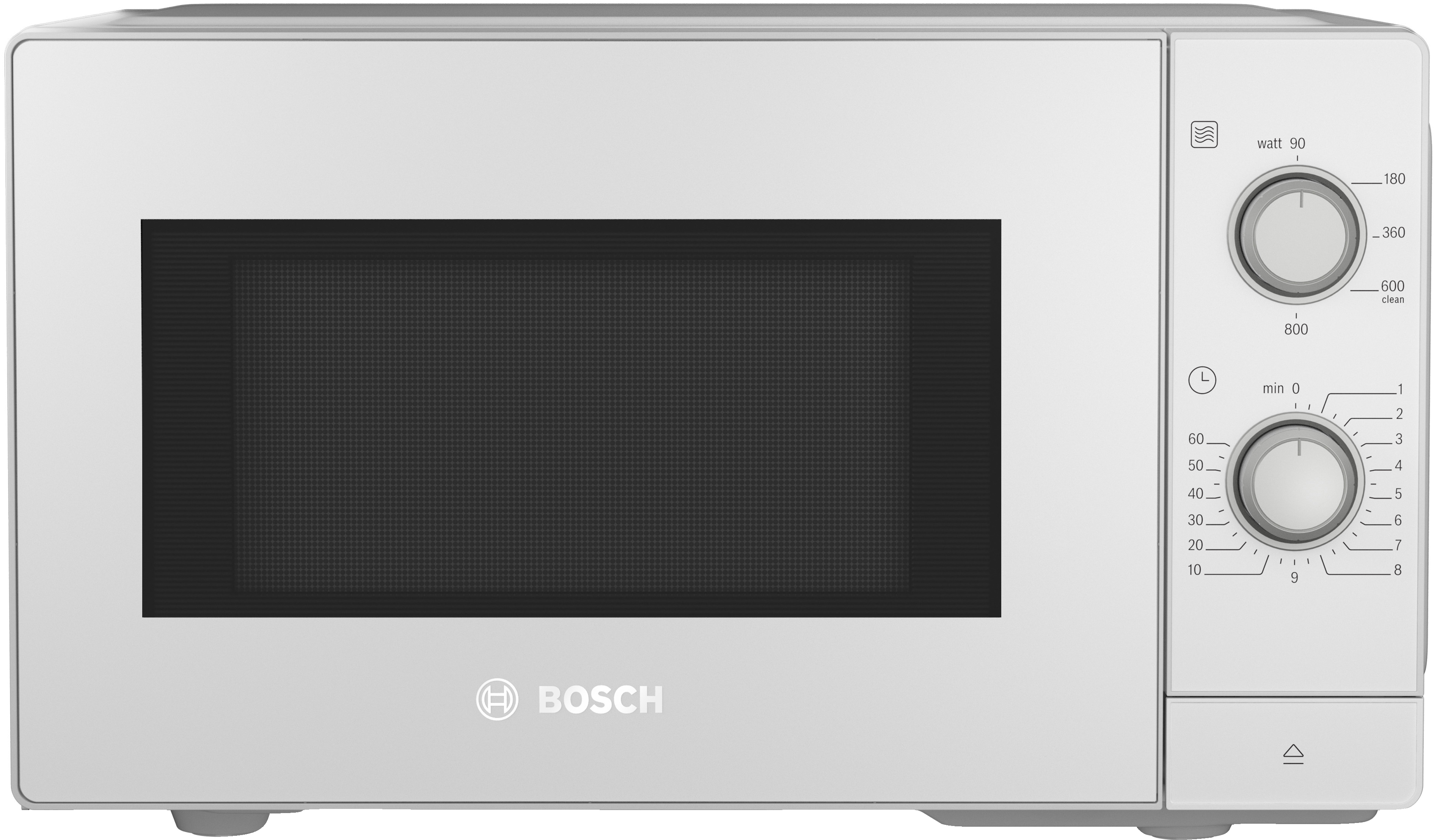 Weißer Bosch-Mikrowellenherd mit Bedienfeld, auf weißer Oberfläche.