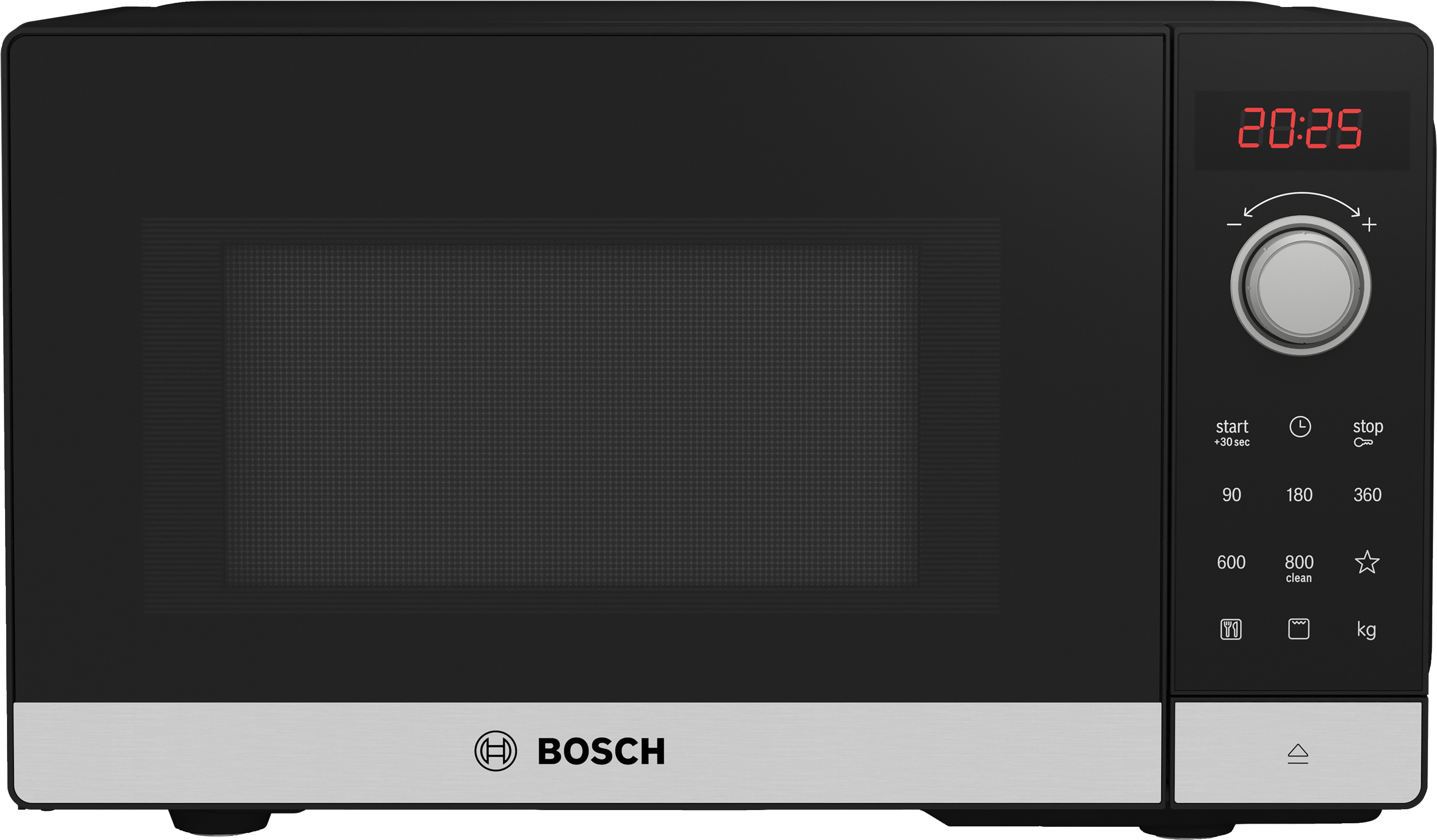 Schwarze Mikrowelle mit Digitalanzeige für die Zeit und Bedienknöpfen.