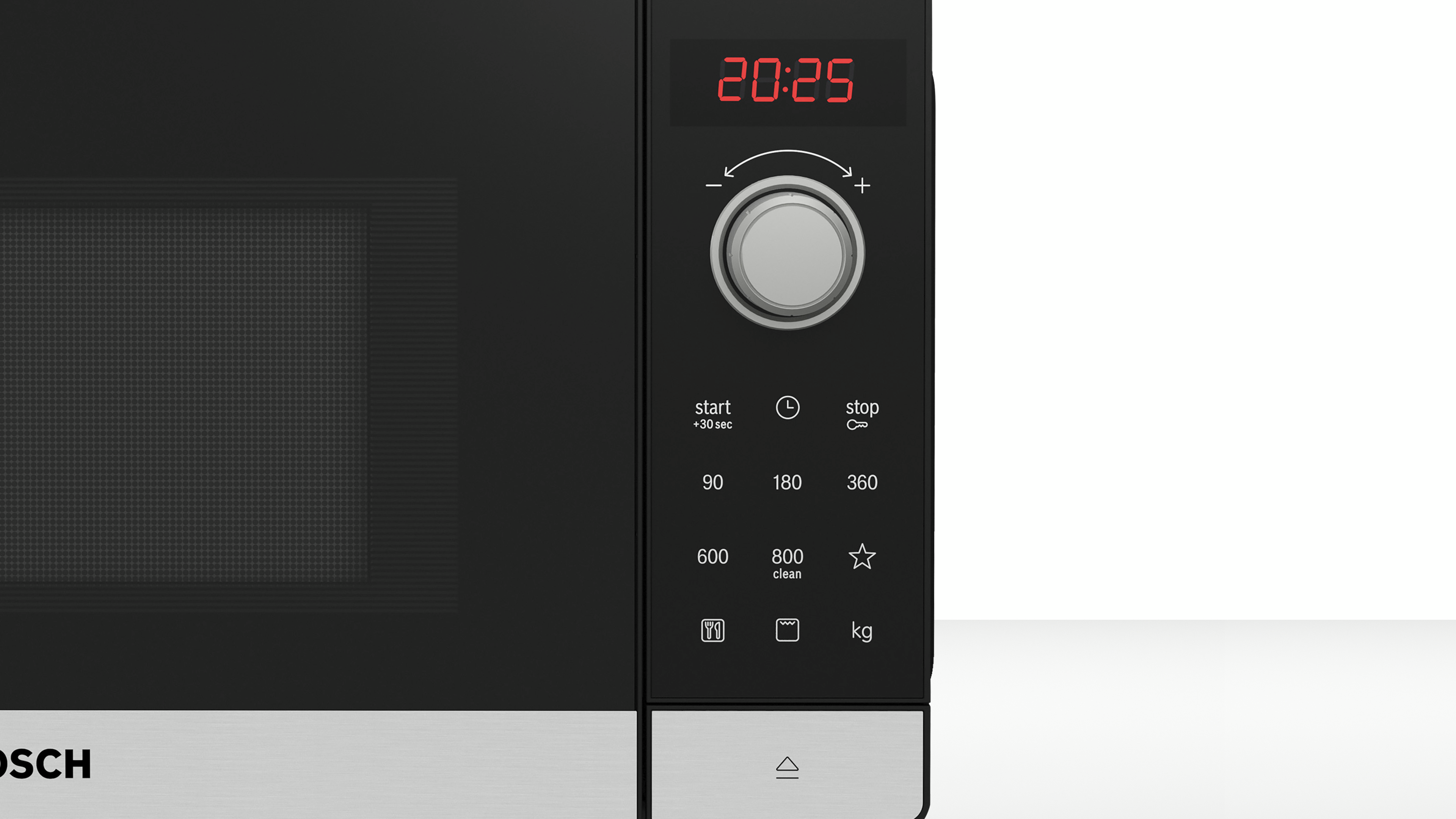 Mikrowellen-Bedienfeld mit Digitaluhr 20:25 und Tasten für verschiedene Einstellungen.
