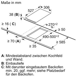 Technische Zeichnung. Sie zeigt Abmessungen und Layout für den Einbau eines Kochfelds in einer Küche.