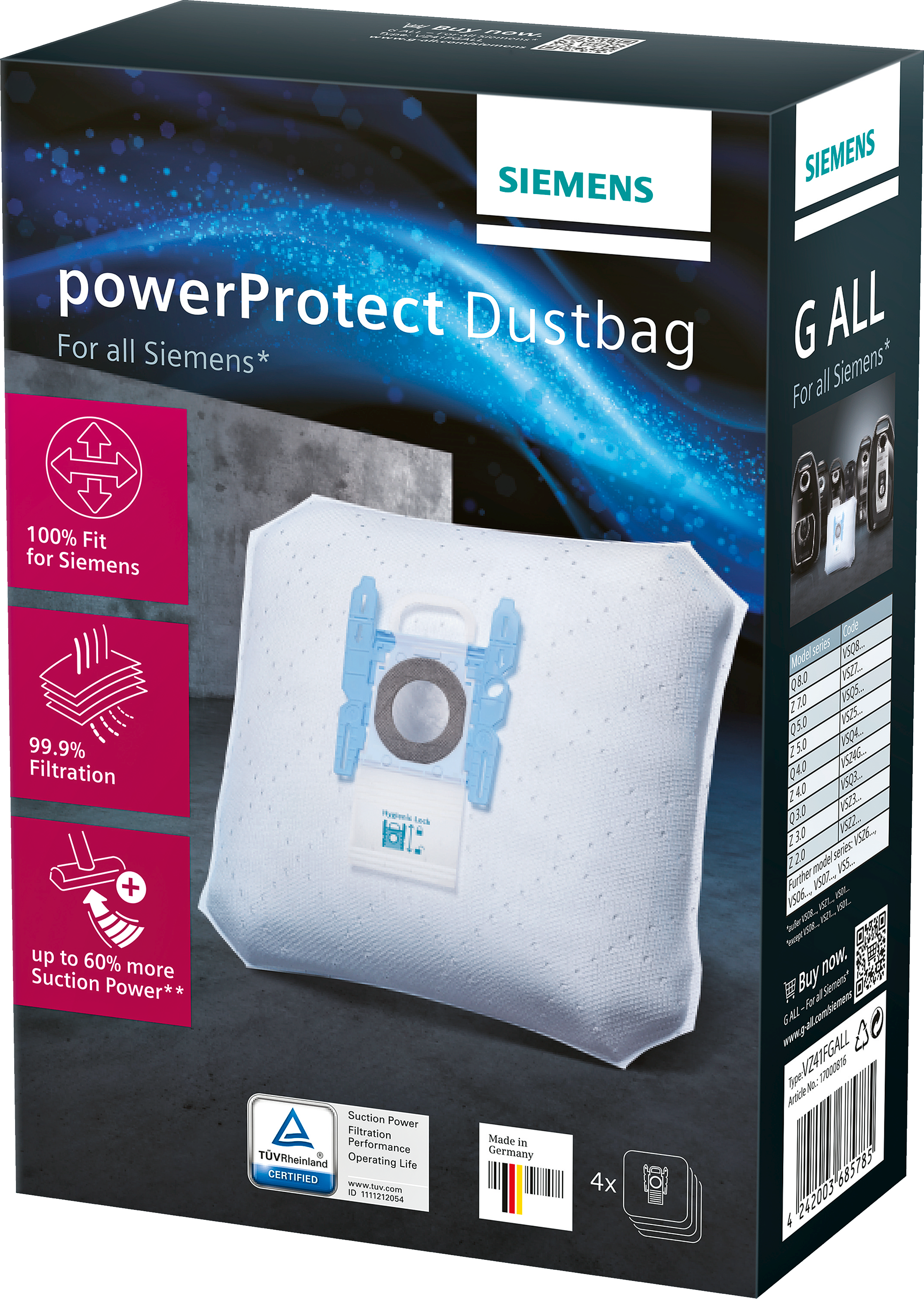 Eine Siemens powerProtect Staubbeutelbox. Es hat Text und Bilder des Produkts.