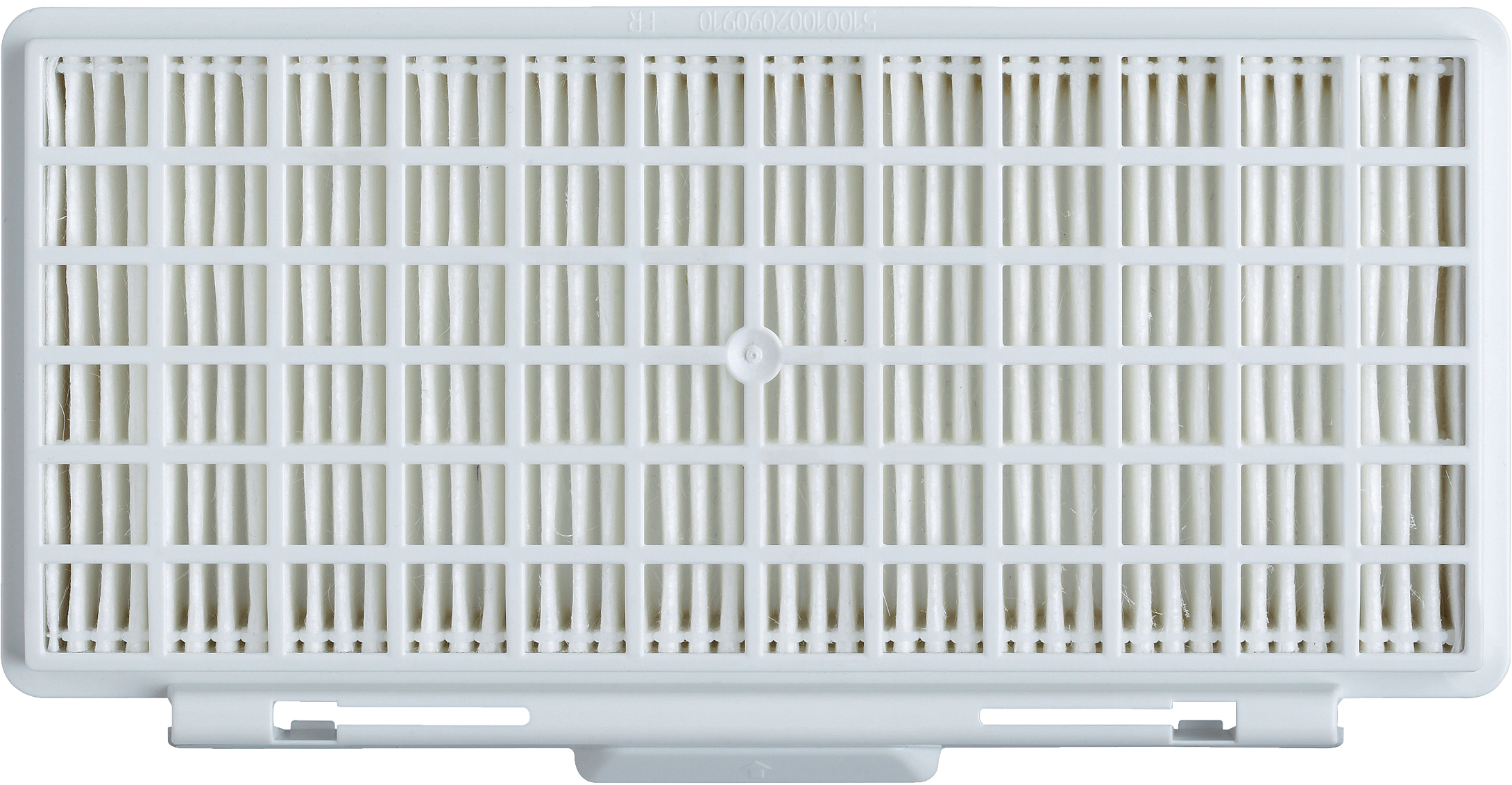 Weißer, rechteckiger Filter mit Gittermuster. Es hat einen weißen Rahmen und ein zentrales kreisförmiges Element.
