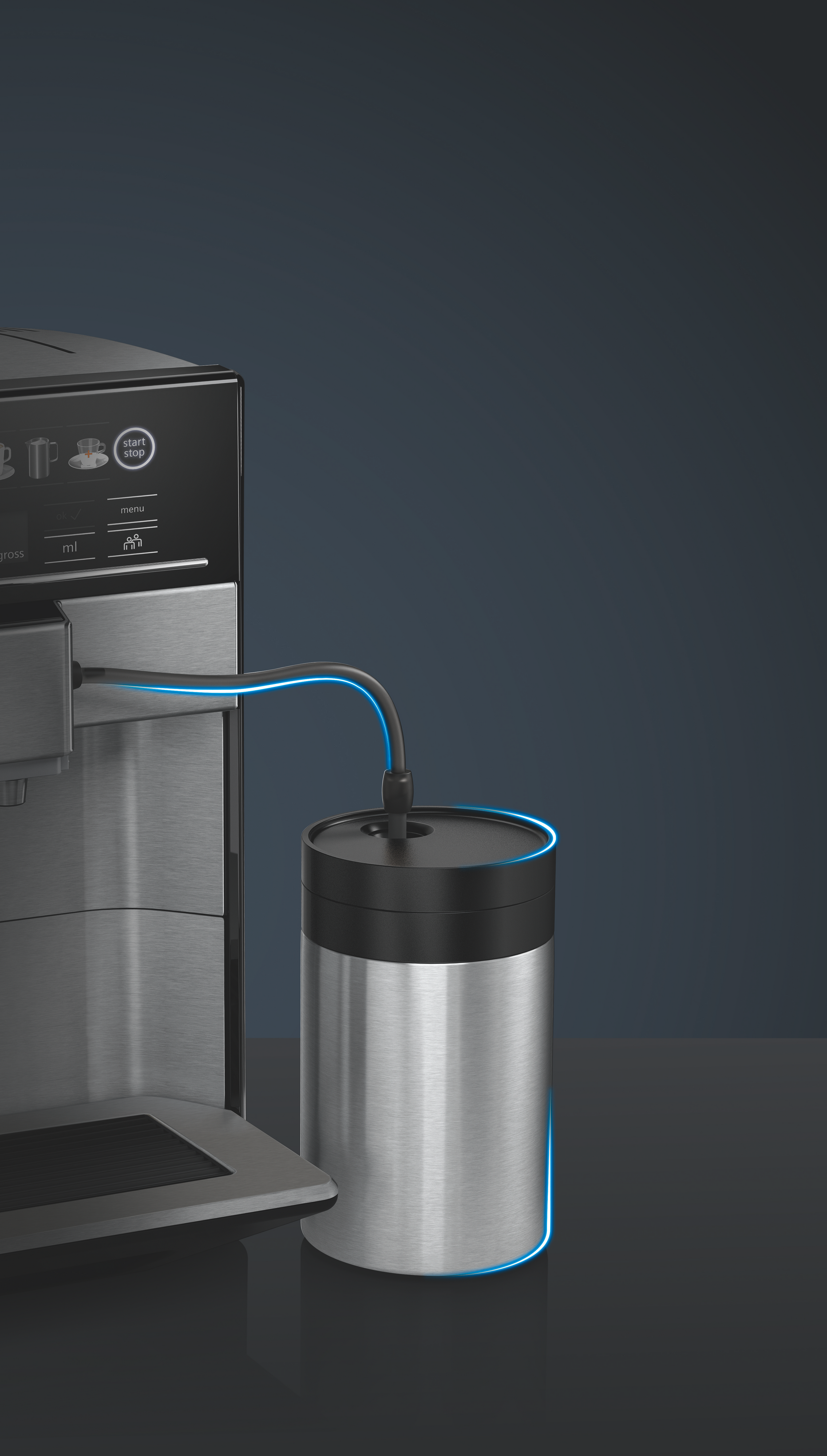 Kaffeemaschine mit silbernem Behälter und blauem Lichtumriss.