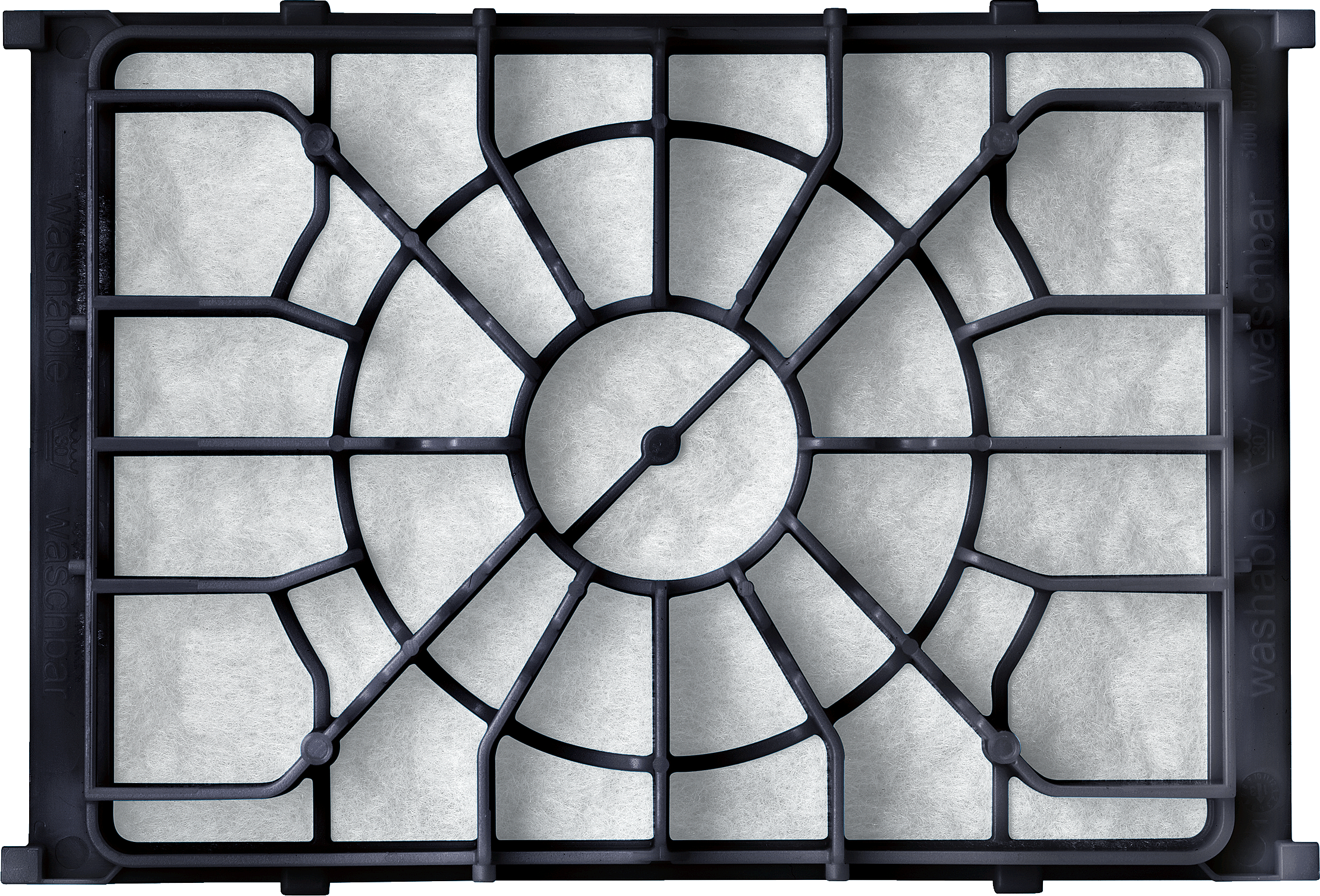 Schwarzer Filter mit kreisförmigem Design und Gittermuster. Weißes Filtermaterial im Gitter sichtbar.