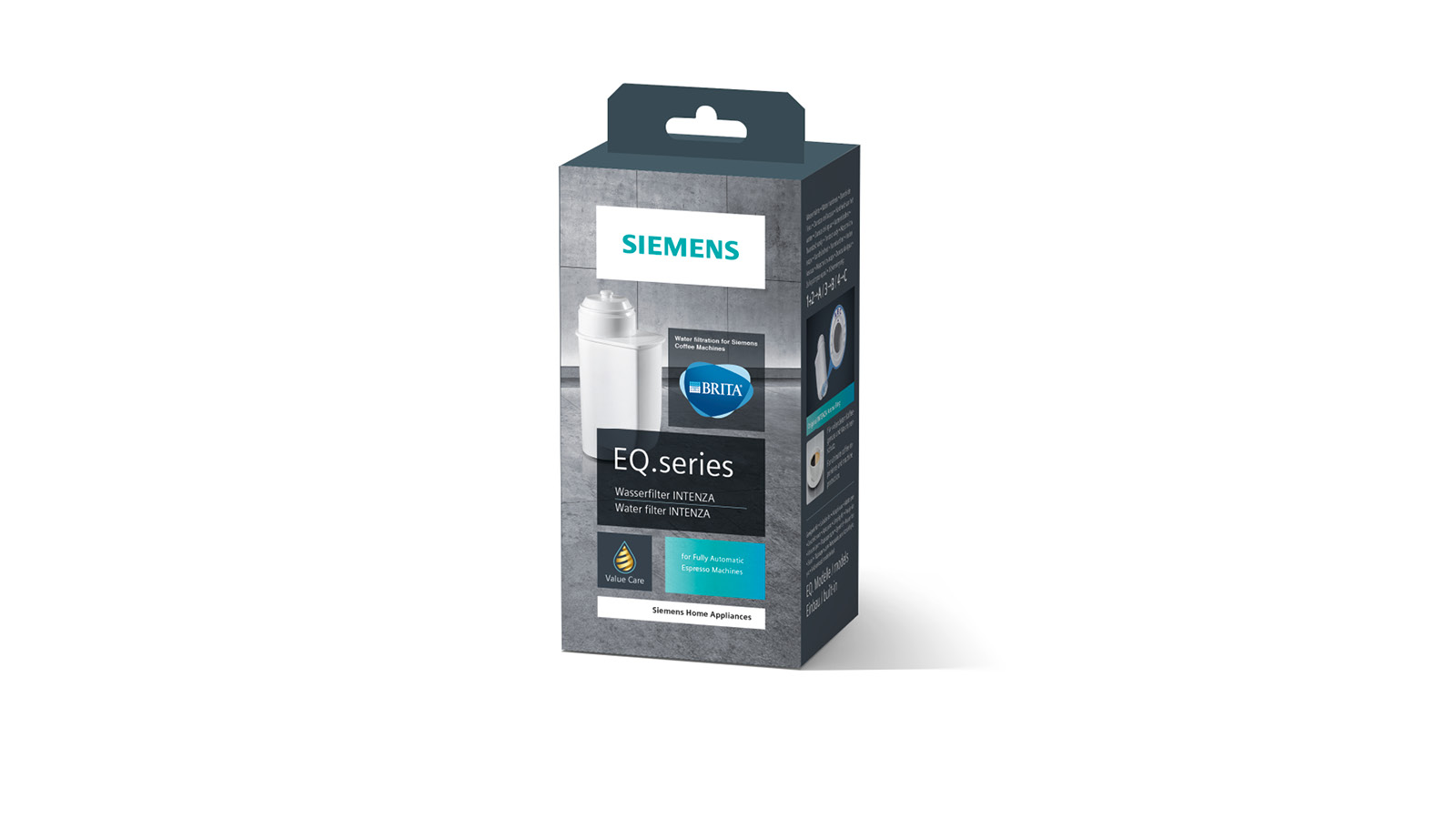 Siemens Wasserfilterbox mit Filter und Brita-Logo, auf weißem Untergrund.