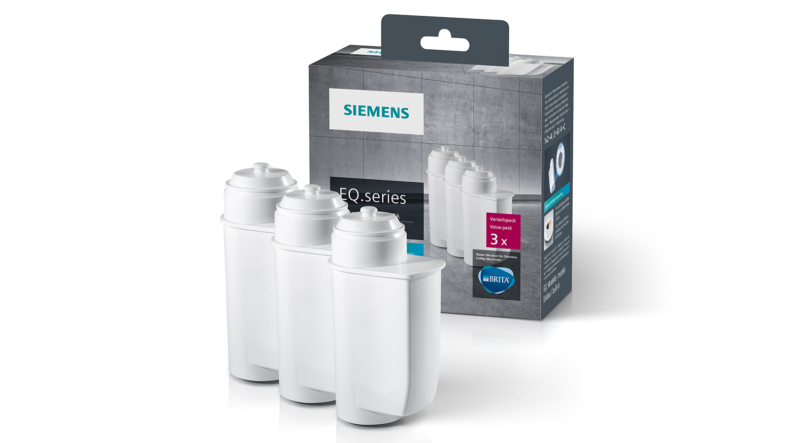 Siemens EQ.series Wasserfilter-Pack. Drei Filter in einer Box, weiß und grau.