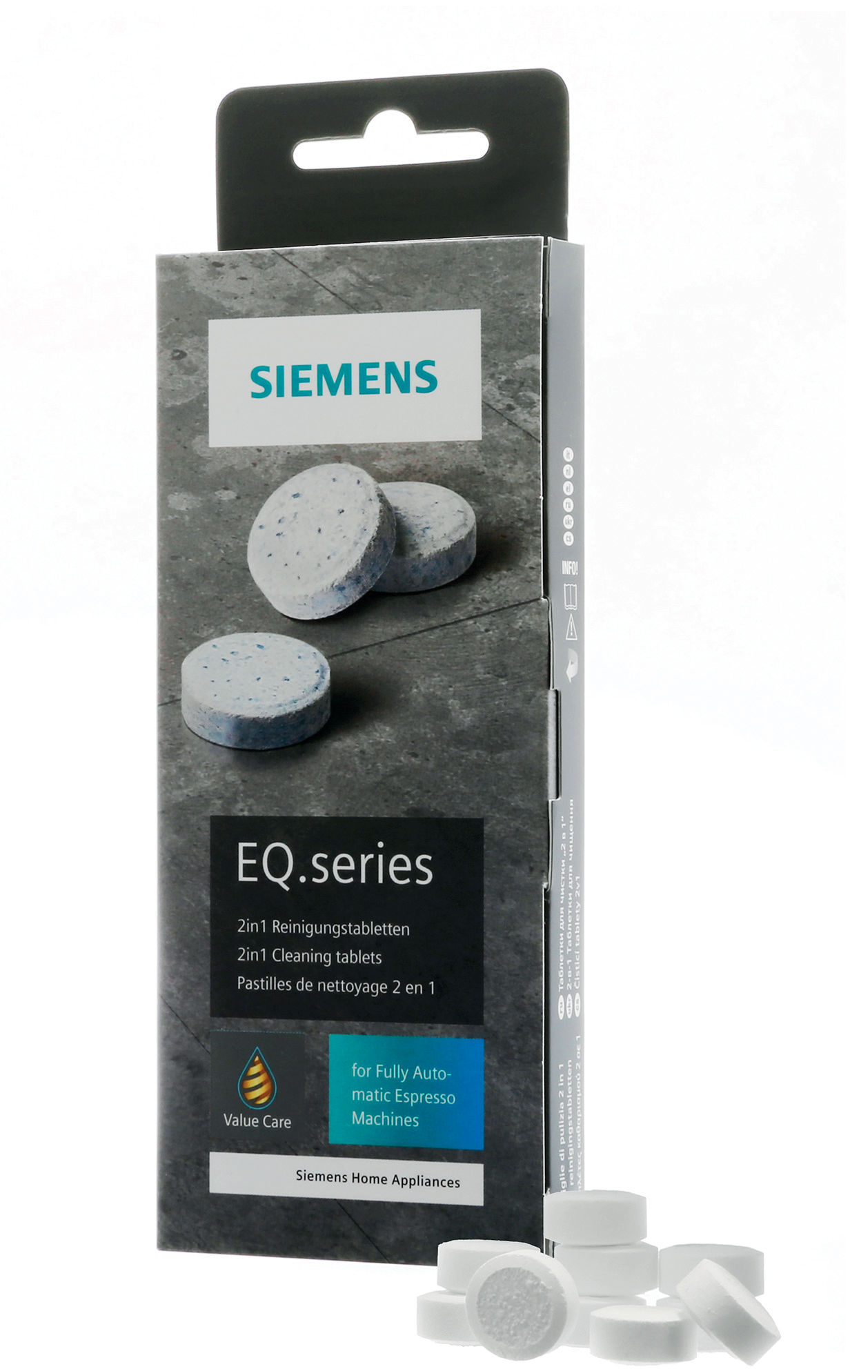 Schachtel mit Siemens Reinigungstabletten und verstreuten Tabletten. Blaue und weiße Tabletten, schwarz-graue Verpackung.