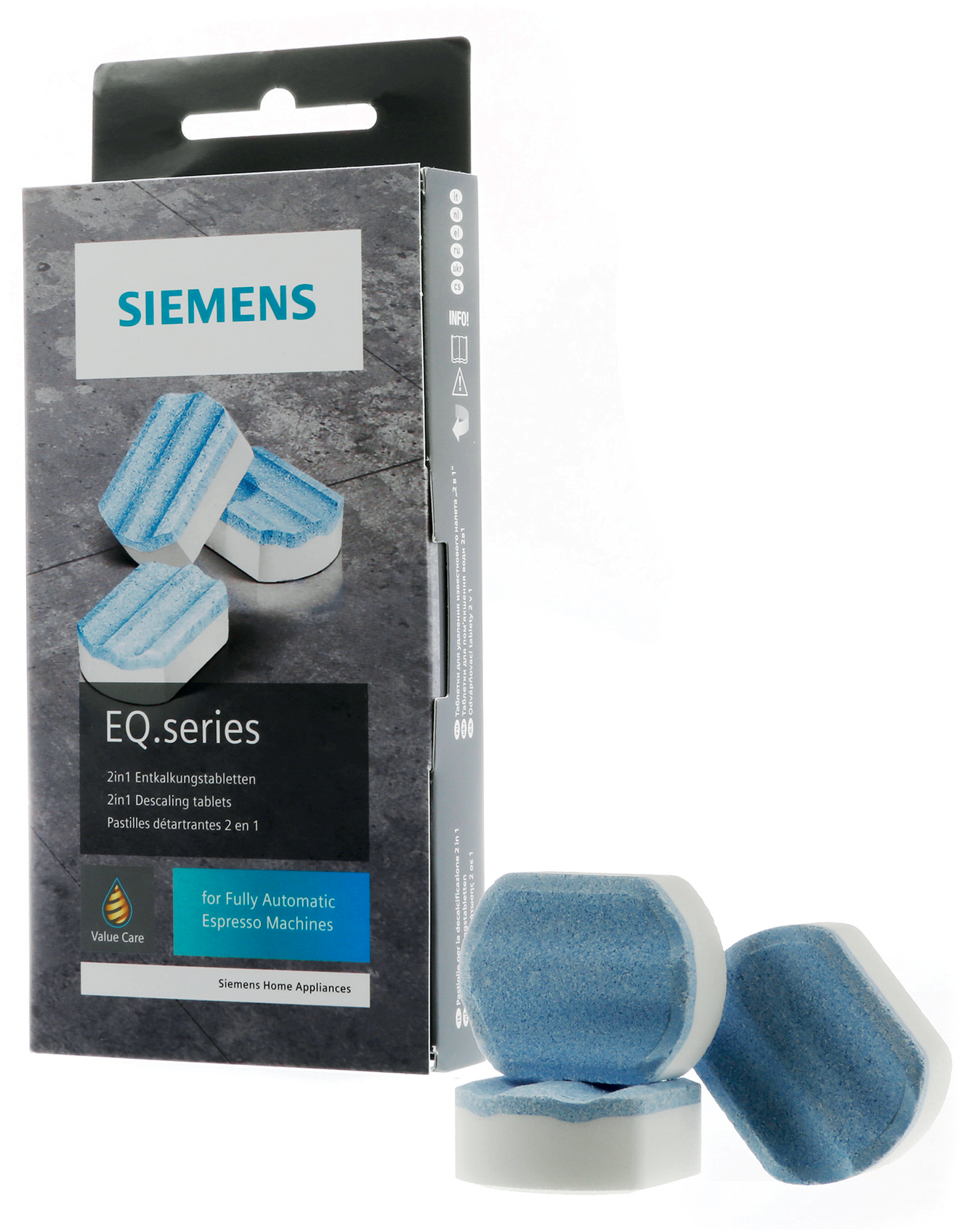 Packung Siemens Entkalkungstabletten für Espressomaschinen. Tabletten weiß und blau.