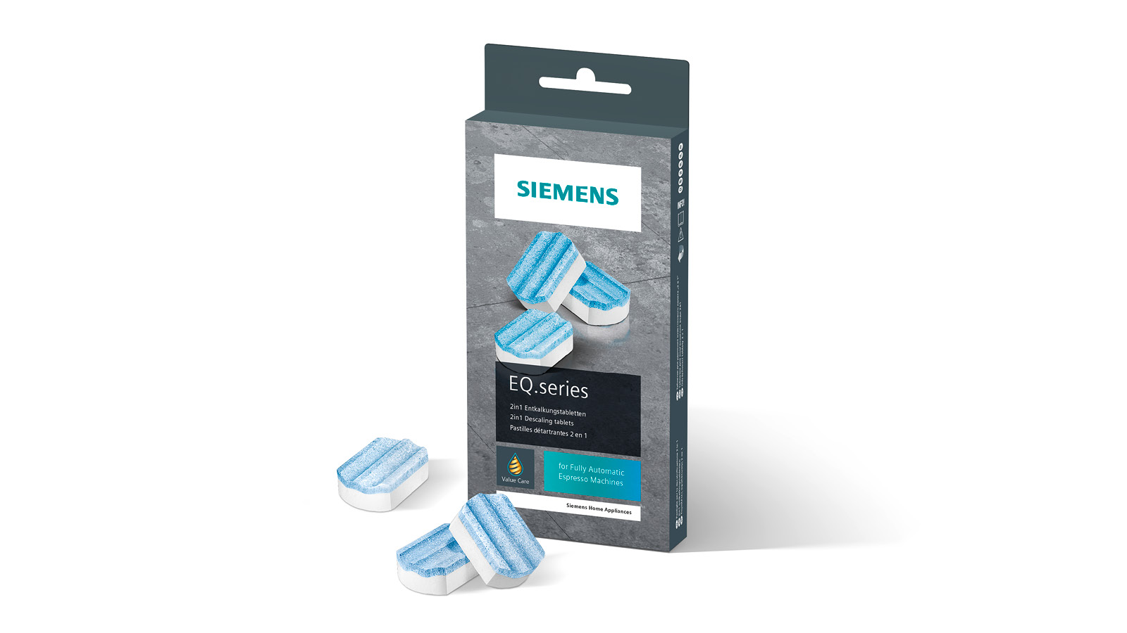 Eine Schachtel mit Siemens EQ.series Espresso-Maschinen-Reinigungstabletten, Tabletten sichtbar.