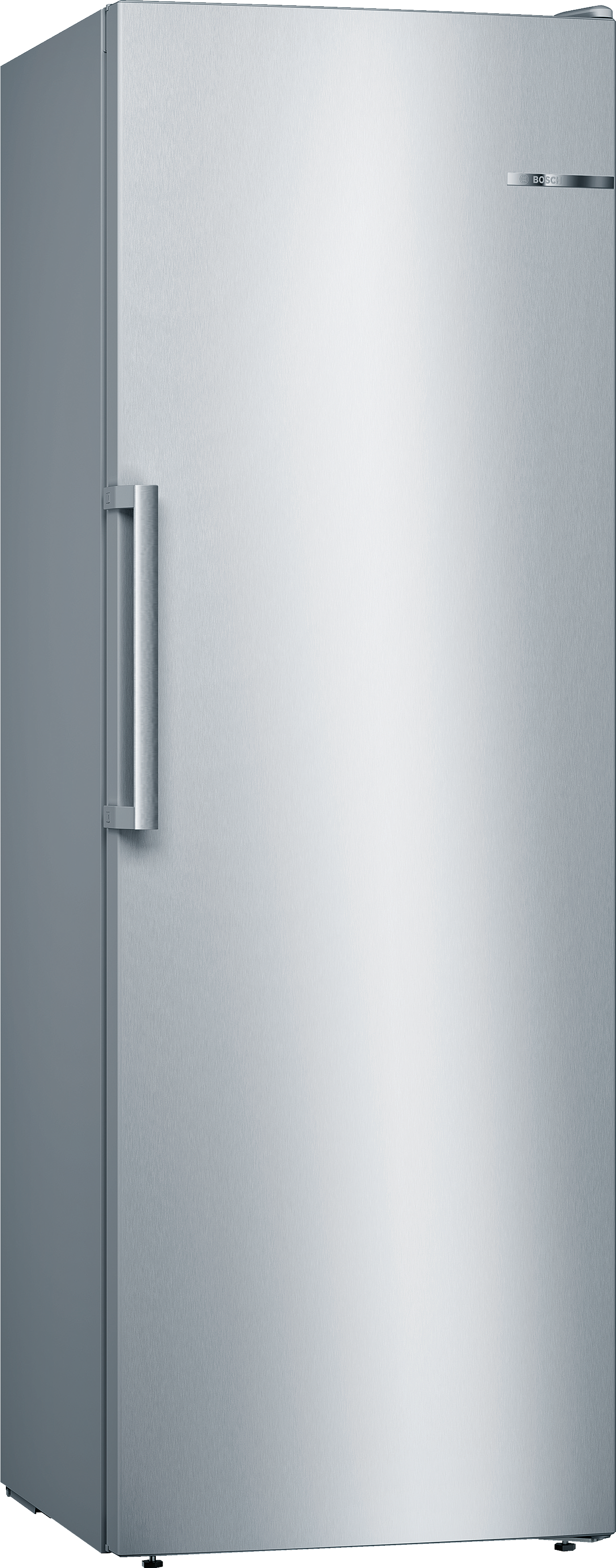 Een hoge, zilveren Bosch-koelkast met een handvat.