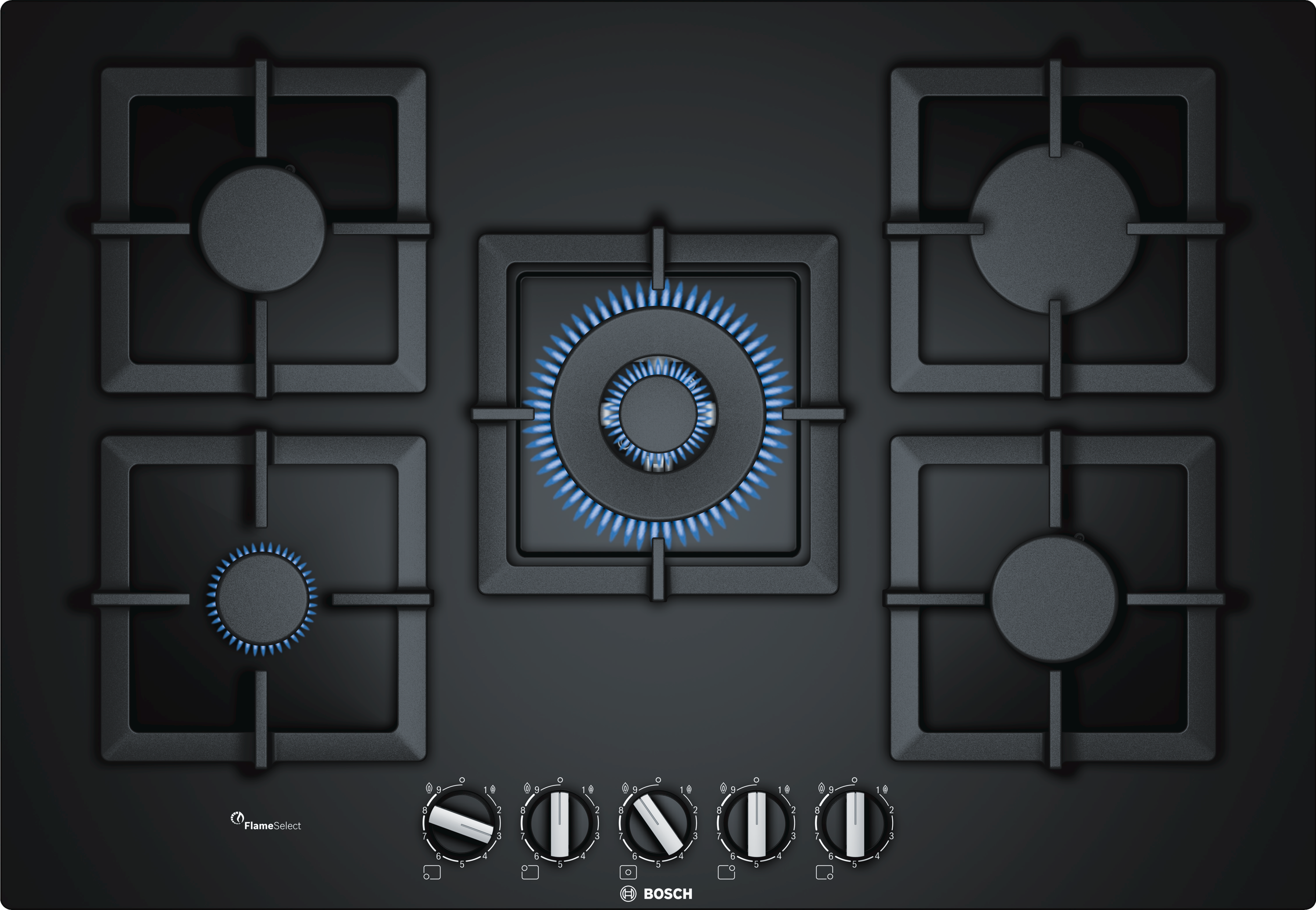 A black gas cooktop with five burners, with blue flames in the center burner.