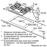 Technical drawing of a hob with measurements. It shows the hob's dimensions and spaces.